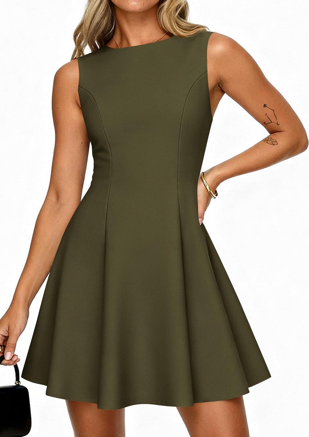 imagePRETTYGARDEN Cocktail Dresses for Women 2026 Summer Formal Boat Neck A Line Spring Elegant Graduation Party Mini DressArmy Green