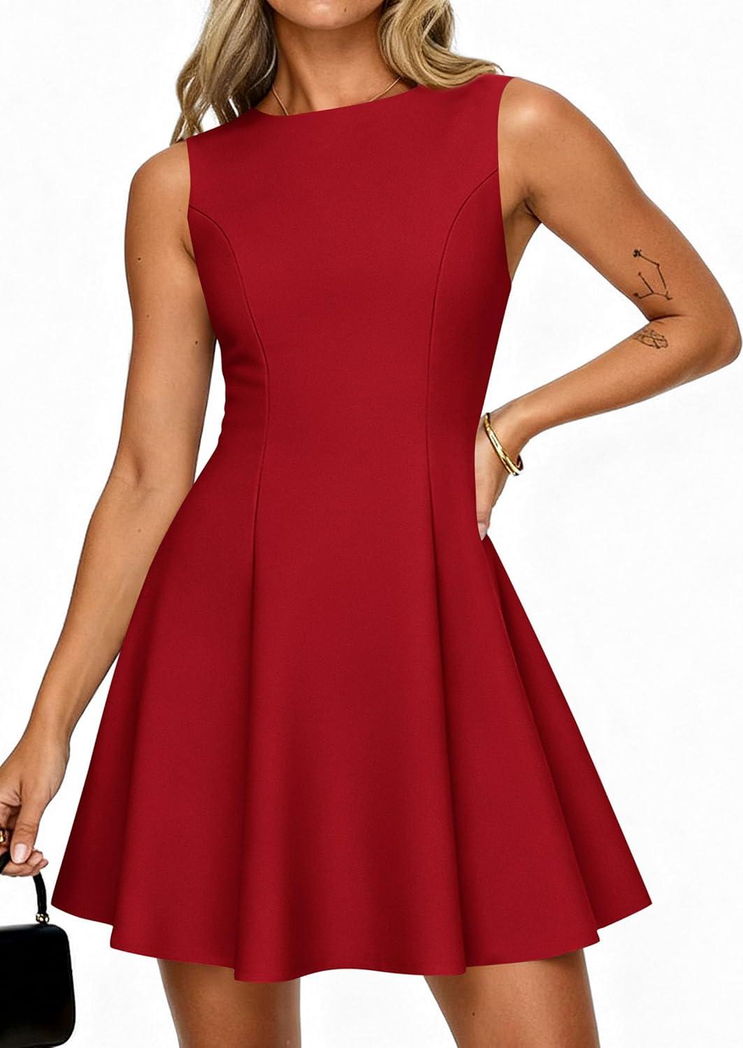imagePRETTYGARDEN Cocktail Dresses for Women 2026 Summer Formal Boat Neck A Line Spring Elegant Graduation Party Mini DressRed