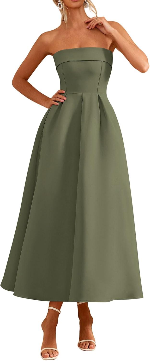 imagePRETTYGARDEN Cocktail Dresses for Women 2026 Summer Formal Elegant Tube Top Strapless Spring Wedding Guest Party Midi DressArmy Green