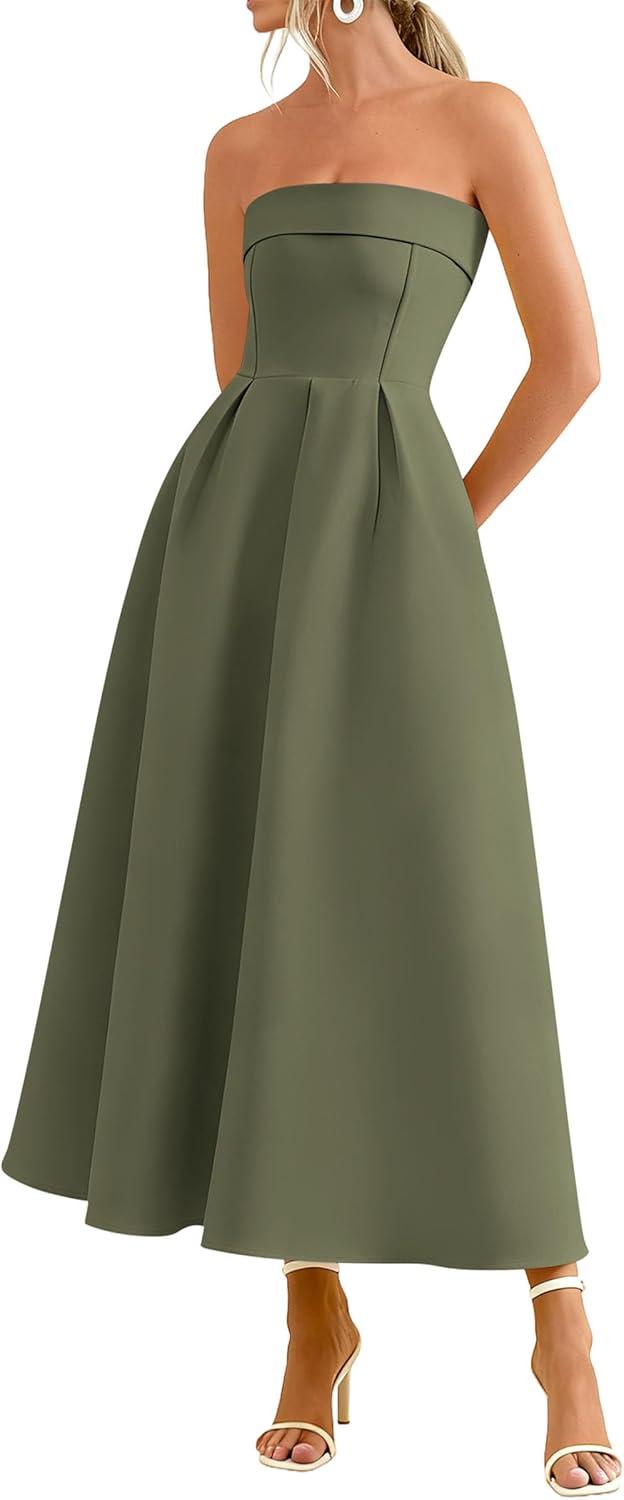 imagePRETTYGARDEN Cocktail Dresses for Women 2026 Summer Formal Elegant Tube Top Strapless Spring Wedding Guest Party Midi DressArmy Green