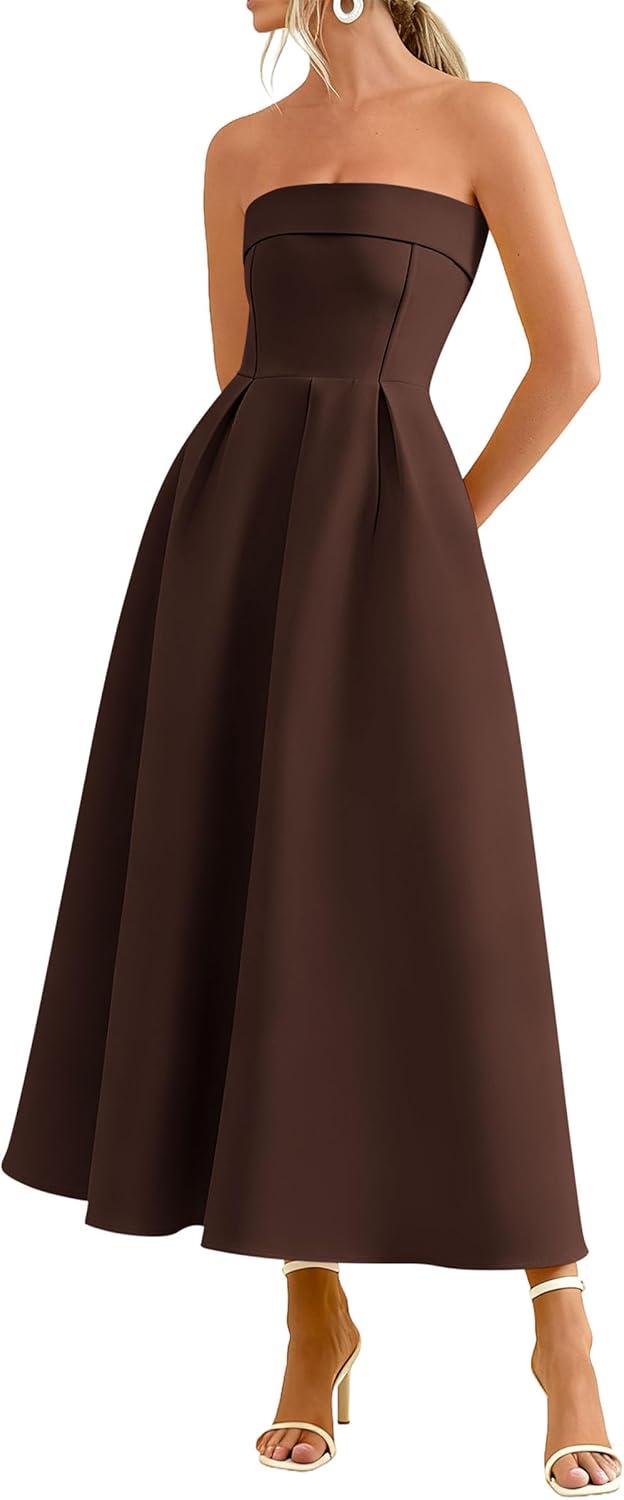 imagePRETTYGARDEN Cocktail Dresses for Women 2026 Summer Formal Elegant Tube Top Strapless Spring Wedding Guest Party Midi DressBrown