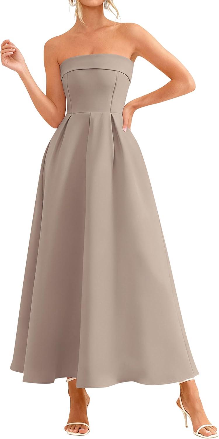 imagePRETTYGARDEN Cocktail Dresses for Women 2026 Summer Formal Elegant Tube Top Strapless Spring Wedding Guest Party Midi DressKhaki