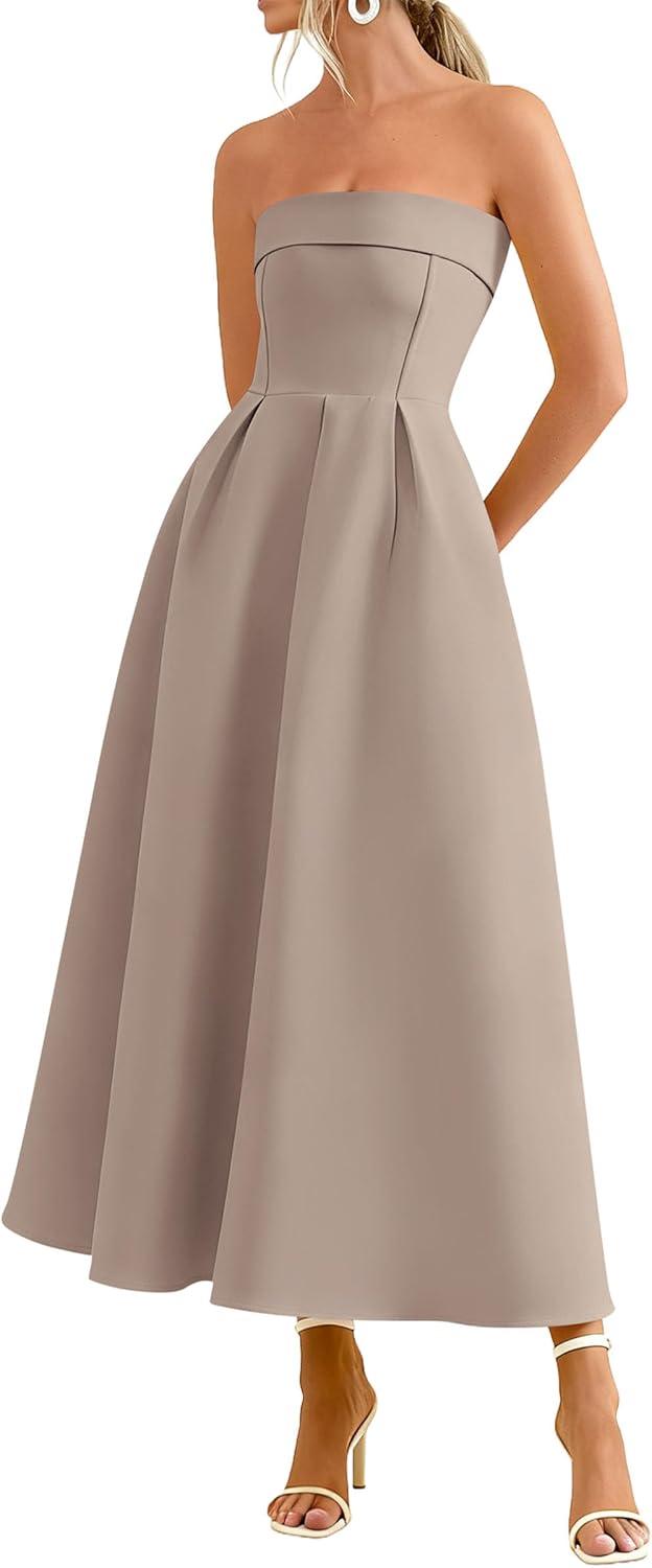 imagePRETTYGARDEN Cocktail Dresses for Women 2026 Summer Formal Elegant Tube Top Strapless Spring Wedding Guest Party Midi DressKhaki