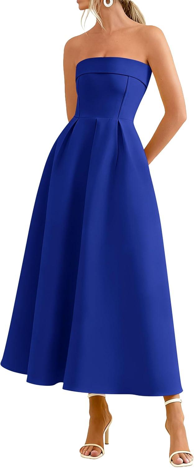 imagePRETTYGARDEN Cocktail Dresses for Women 2026 Summer Formal Elegant Tube Top Strapless Spring Wedding Guest Party Midi DressRoyal Blue