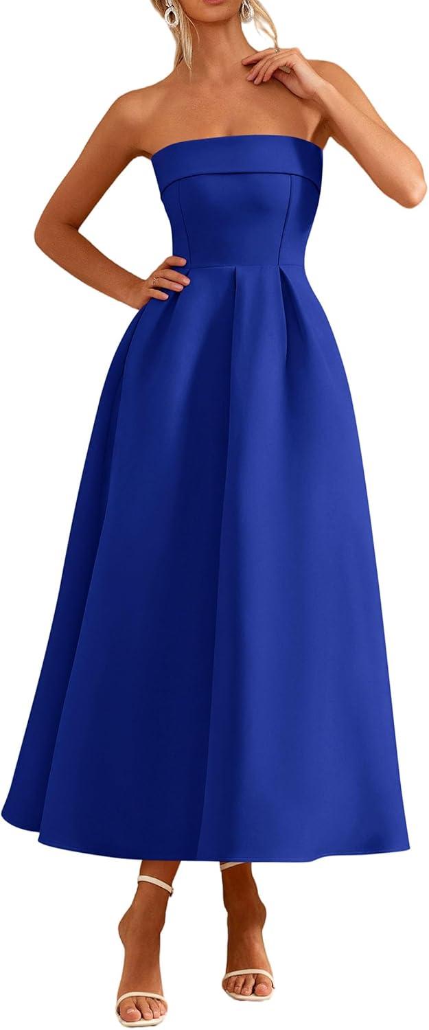 imagePRETTYGARDEN Cocktail Dresses for Women 2026 Summer Formal Elegant Tube Top Strapless Spring Wedding Guest Party Midi DressRoyal Blue