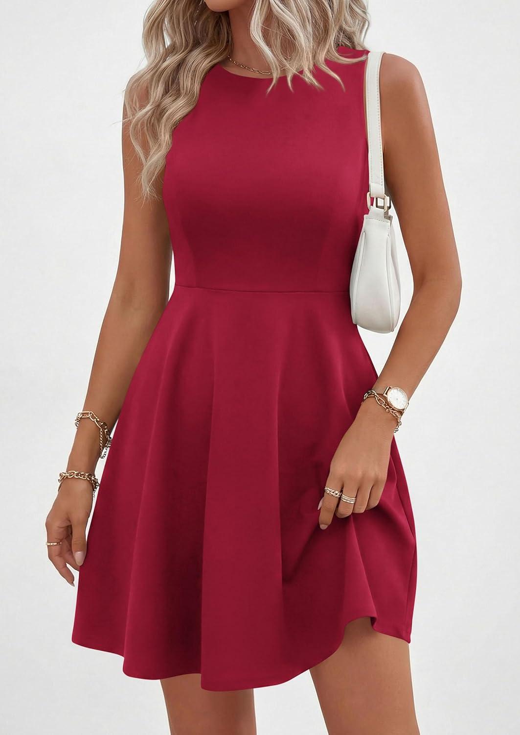 imagePRETTYGARDEN Cocktail Dresses for Women Summer 2026 Elegant Classy Spring A Line Sleeveless Mini Short Party Dress PocketsBurgundy