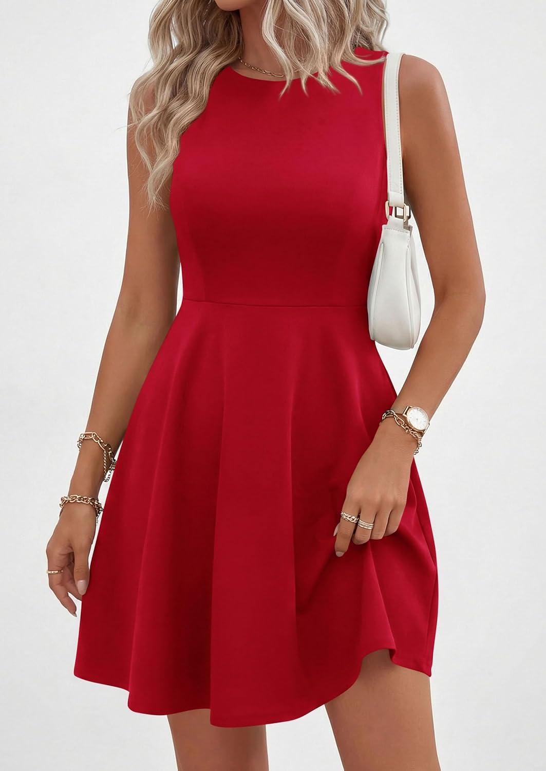 imagePRETTYGARDEN Cocktail Dresses for Women Summer 2026 Elegant Classy Spring A Line Sleeveless Mini Short Party Dress PocketsRed