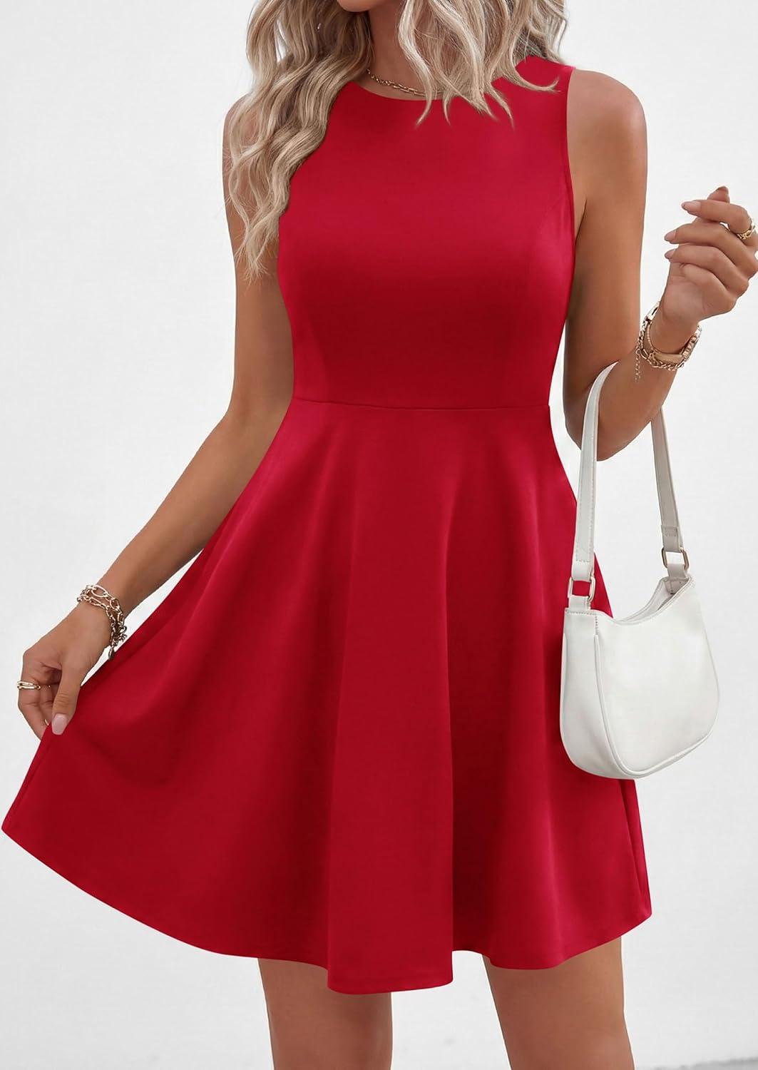 imagePRETTYGARDEN Cocktail Dresses for Women Summer 2026 Elegant Classy Spring A Line Sleeveless Mini Short Party Dress PocketsRed