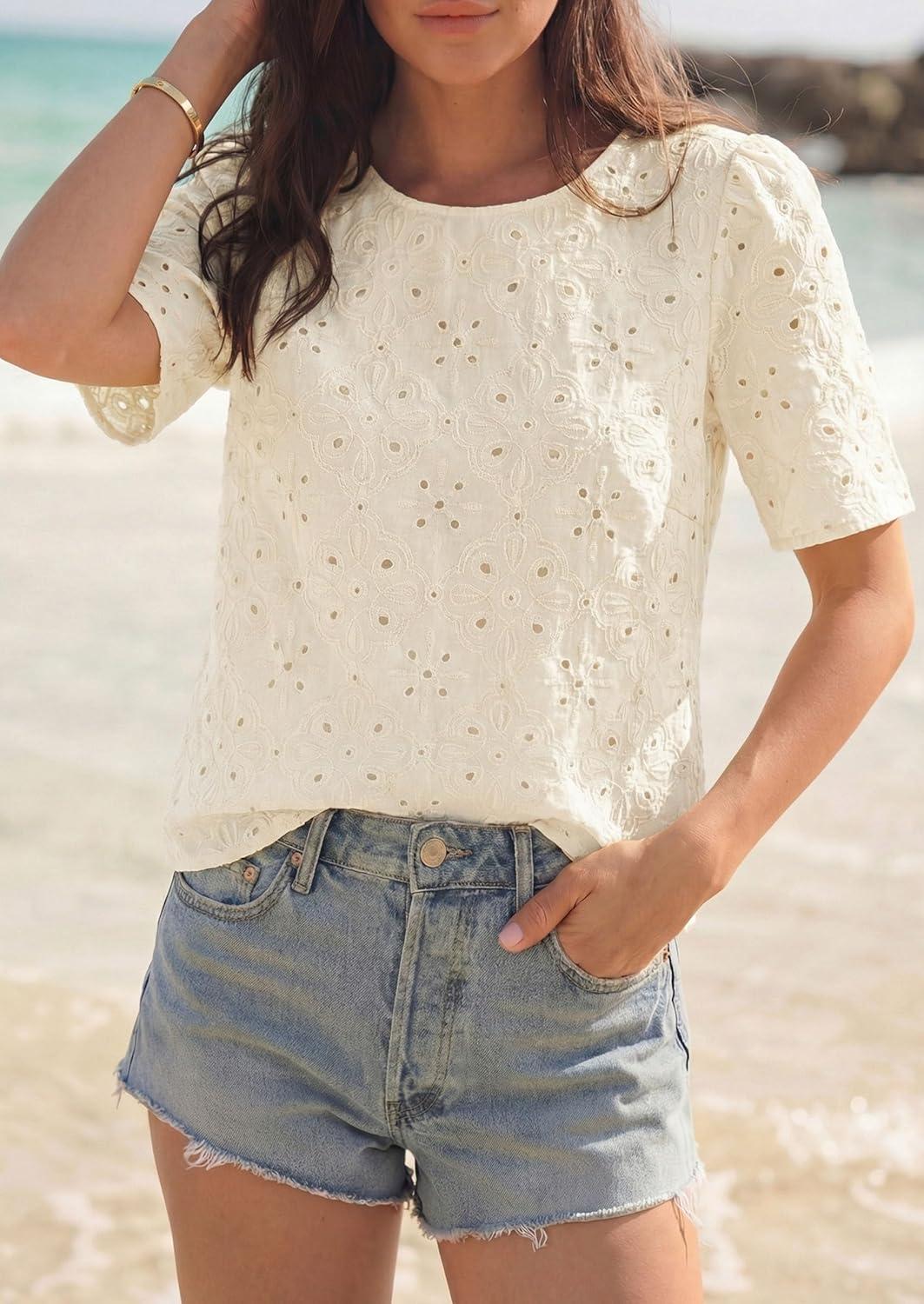 imagePRETTYGARDEN Embroidered Eyelet Tops for Women Summer Blouses Dressy Casual 2026 Spring Work Teacher Puff Short Sleeve ShirtsApricot