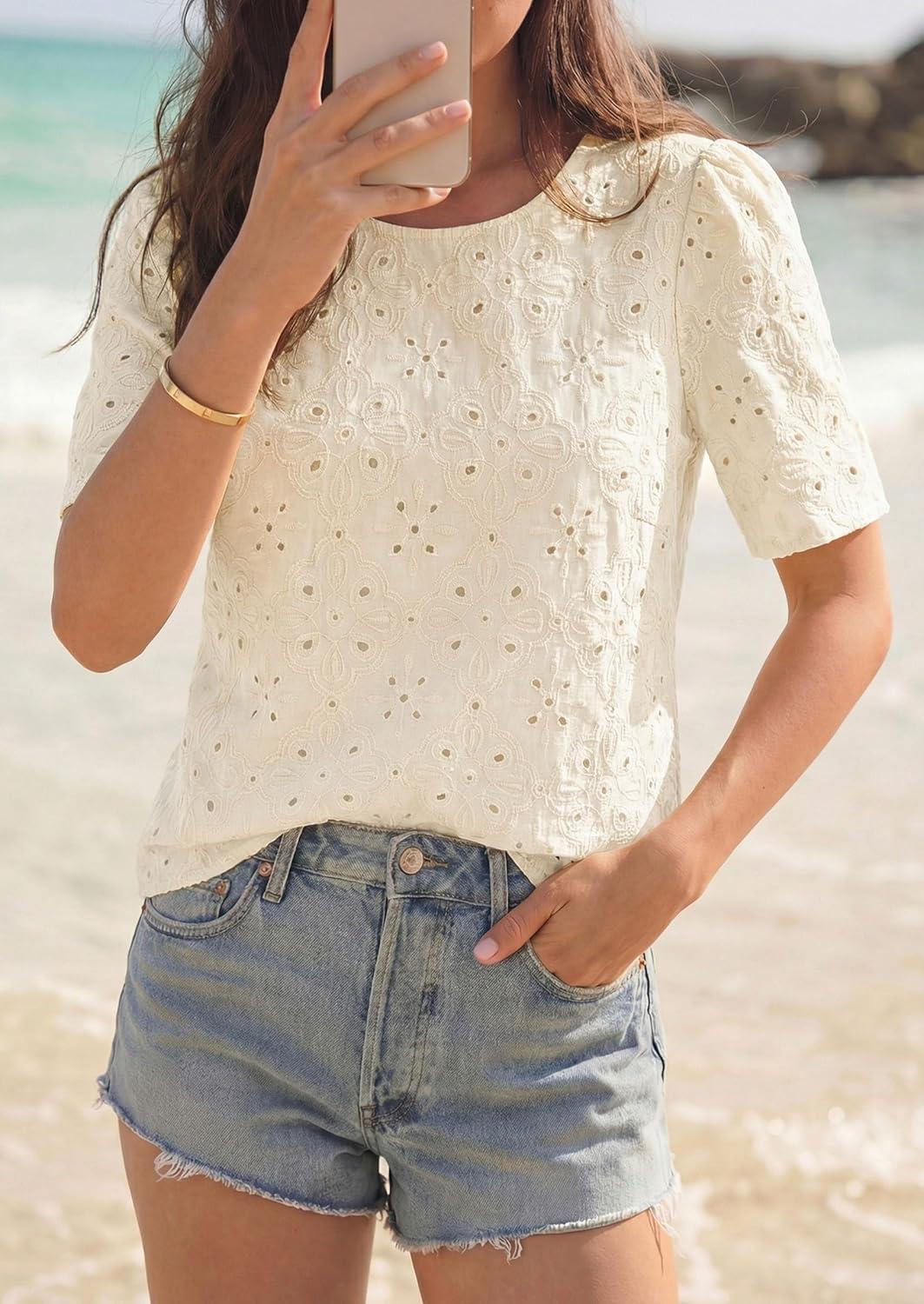 imagePRETTYGARDEN Embroidered Eyelet Tops for Women Summer Blouses Dressy Casual 2026 Spring Work Teacher Puff Short Sleeve ShirtsApricot