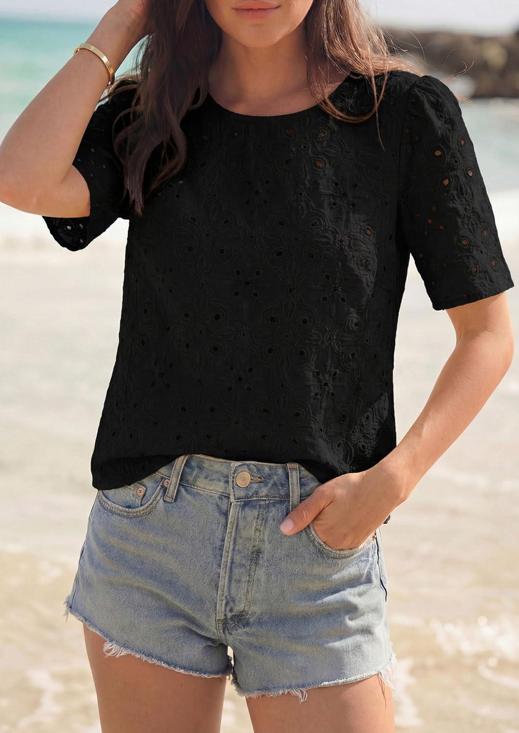 imagePRETTYGARDEN Embroidered Eyelet Tops for Women Summer Blouses Dressy Casual 2026 Spring Work Teacher Puff Short Sleeve ShirtsBlack