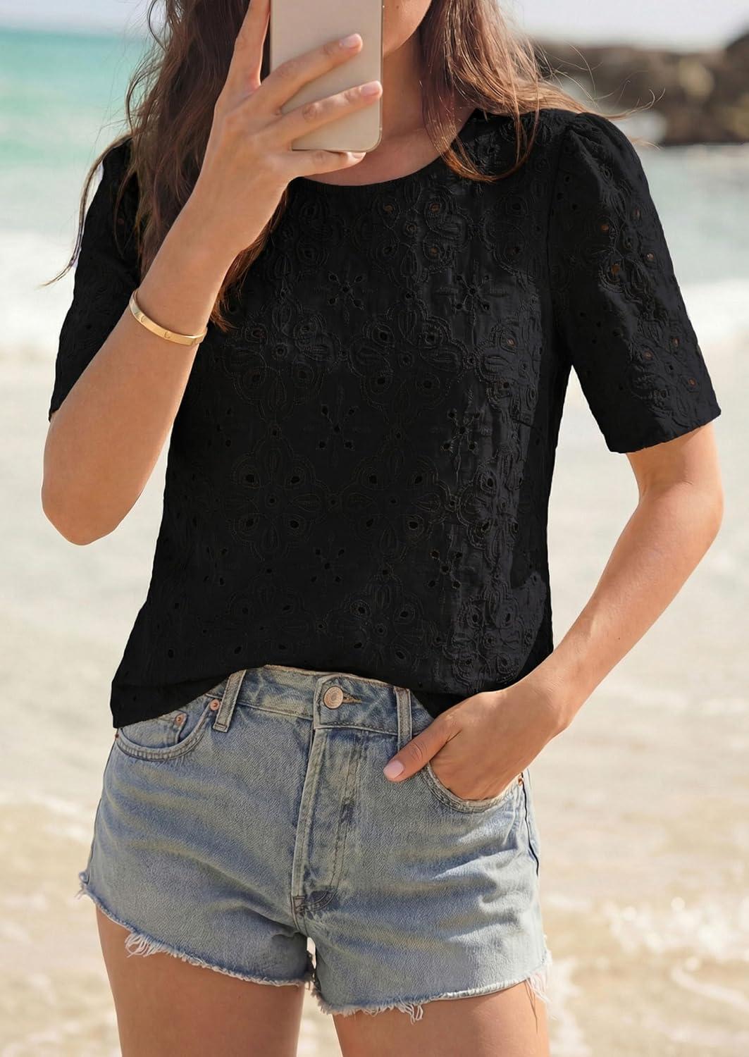 imagePRETTYGARDEN Embroidered Eyelet Tops for Women Summer Blouses Dressy Casual 2026 Spring Work Teacher Puff Short Sleeve ShirtsBlack
