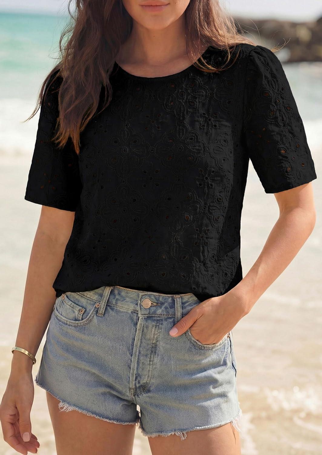 imagePRETTYGARDEN Embroidered Eyelet Tops for Women Summer Blouses Dressy Casual 2026 Spring Work Teacher Puff Short Sleeve ShirtsBlack