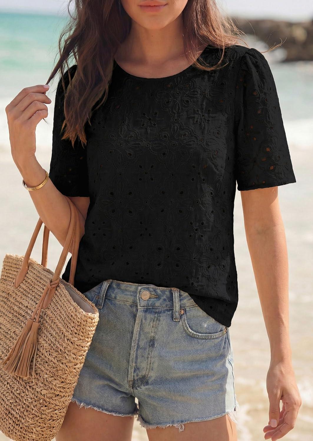 imagePRETTYGARDEN Embroidered Eyelet Tops for Women Summer Blouses Dressy Casual 2026 Spring Work Teacher Puff Short Sleeve ShirtsBlack