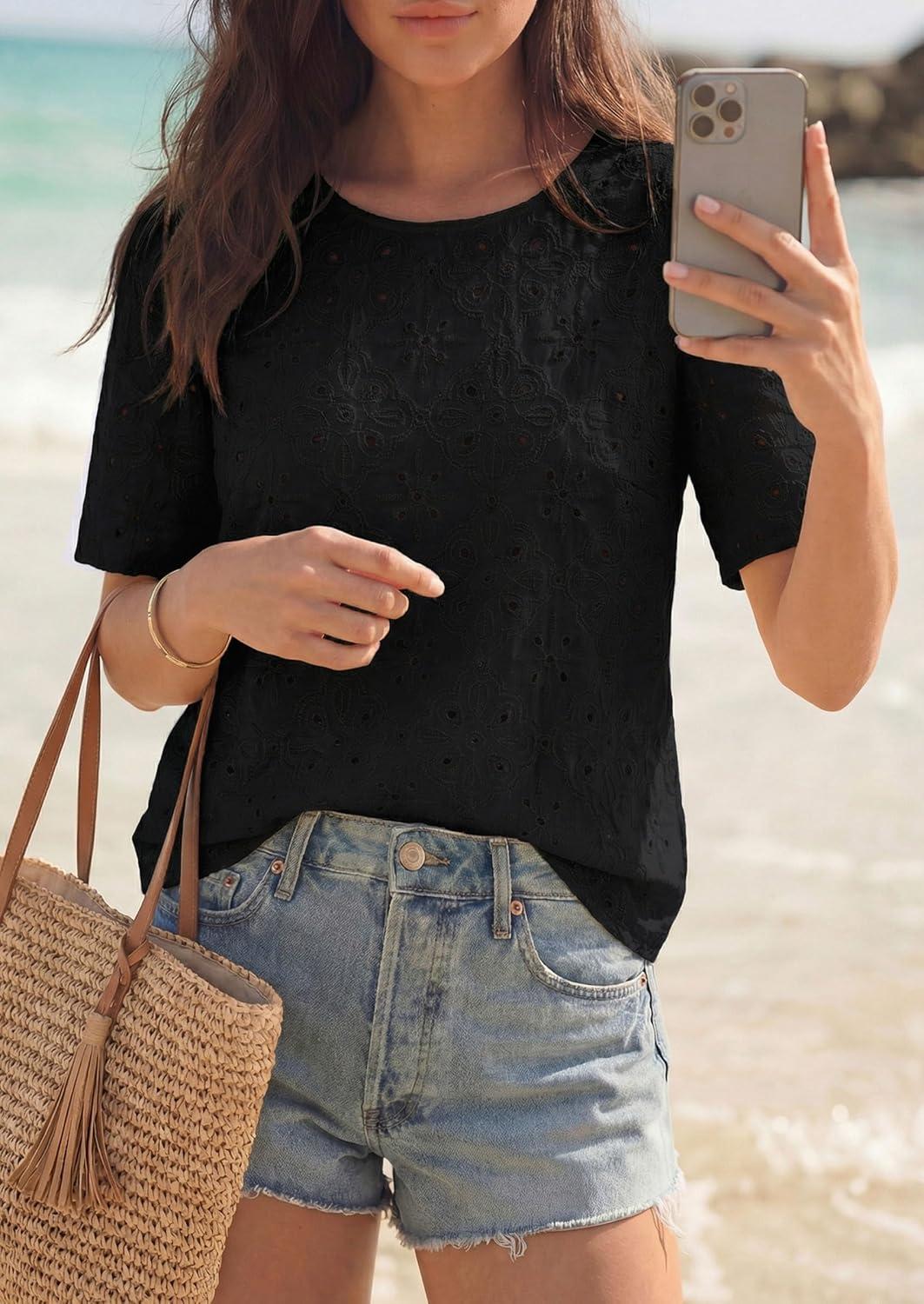 imagePRETTYGARDEN Embroidered Eyelet Tops for Women Summer Blouses Dressy Casual 2026 Spring Work Teacher Puff Short Sleeve ShirtsBlack