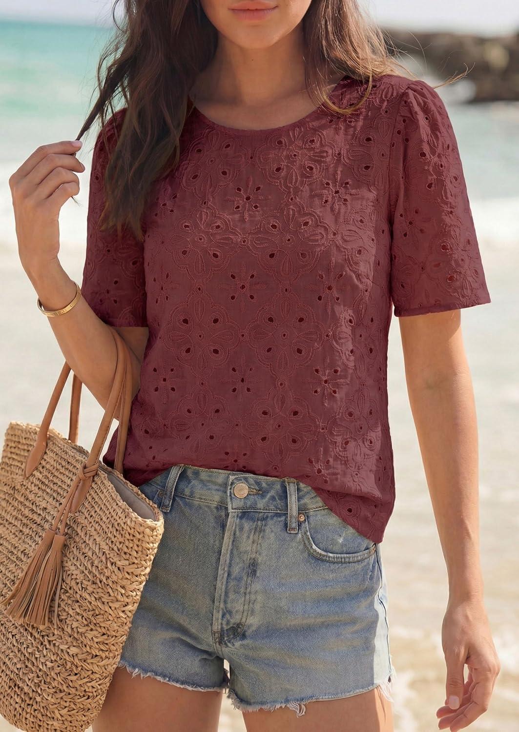 imagePRETTYGARDEN Embroidered Eyelet Tops for Women Summer Blouses Dressy Casual 2026 Spring Work Teacher Puff Short Sleeve ShirtsBrown Red