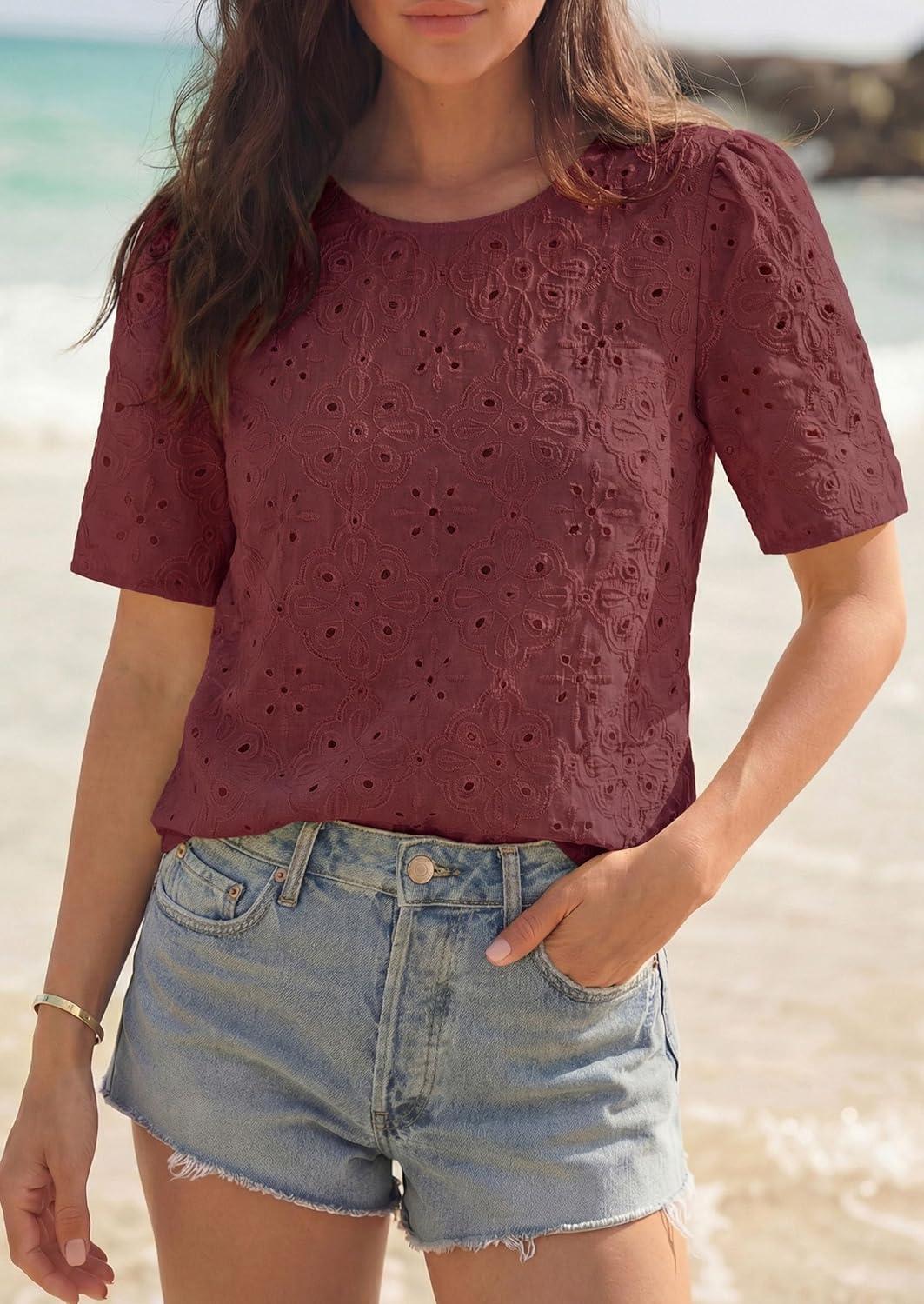 imagePRETTYGARDEN Embroidered Eyelet Tops for Women Summer Blouses Dressy Casual 2026 Spring Work Teacher Puff Short Sleeve ShirtsBrown Red