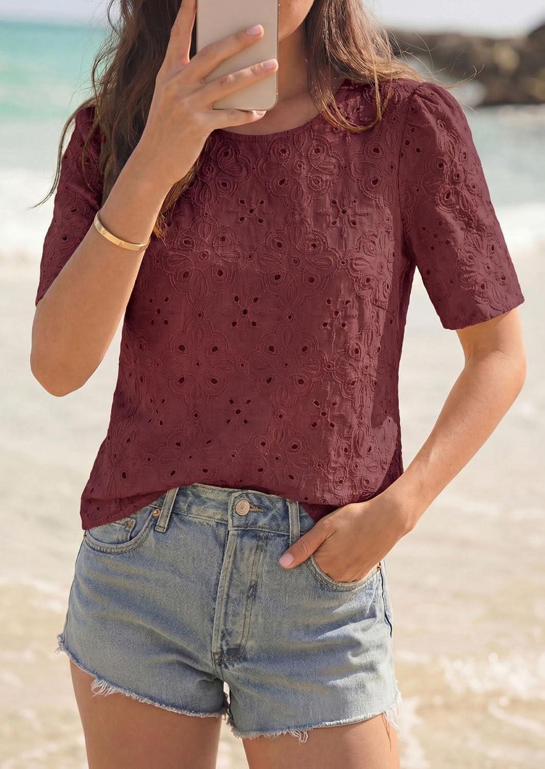imagePRETTYGARDEN Embroidered Eyelet Tops for Women Summer Blouses Dressy Casual 2026 Spring Work Teacher Puff Short Sleeve ShirtsBrown Red