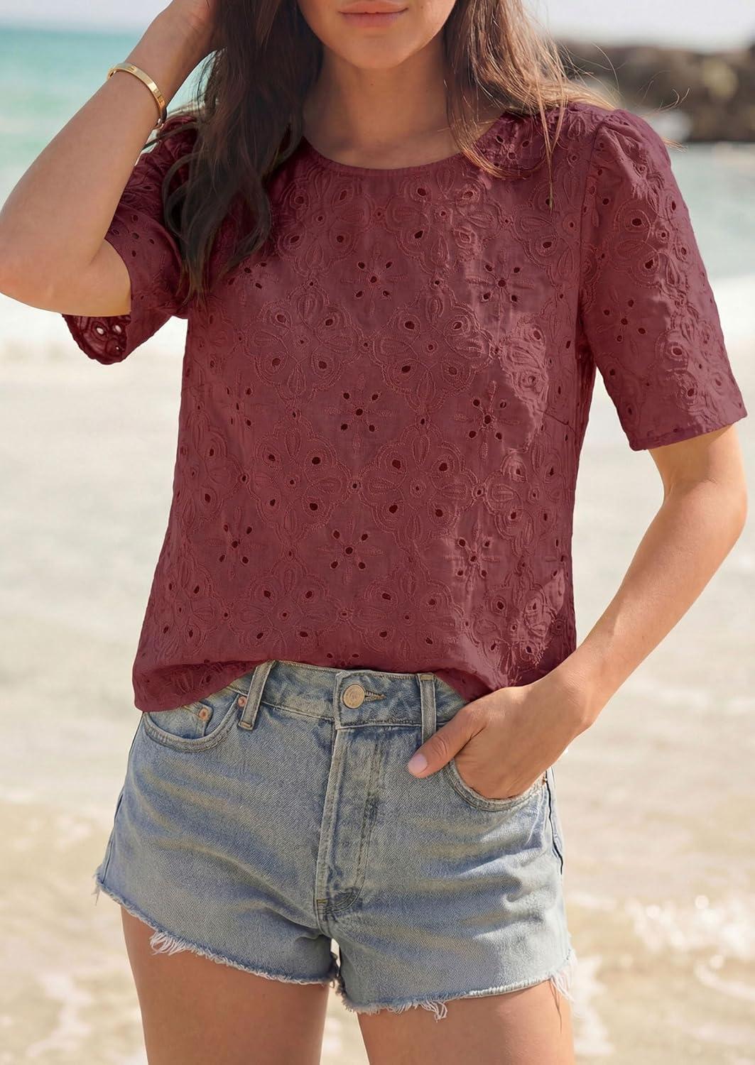 imagePRETTYGARDEN Embroidered Eyelet Tops for Women Summer Blouses Dressy Casual 2026 Spring Work Teacher Puff Short Sleeve ShirtsBrown Red
