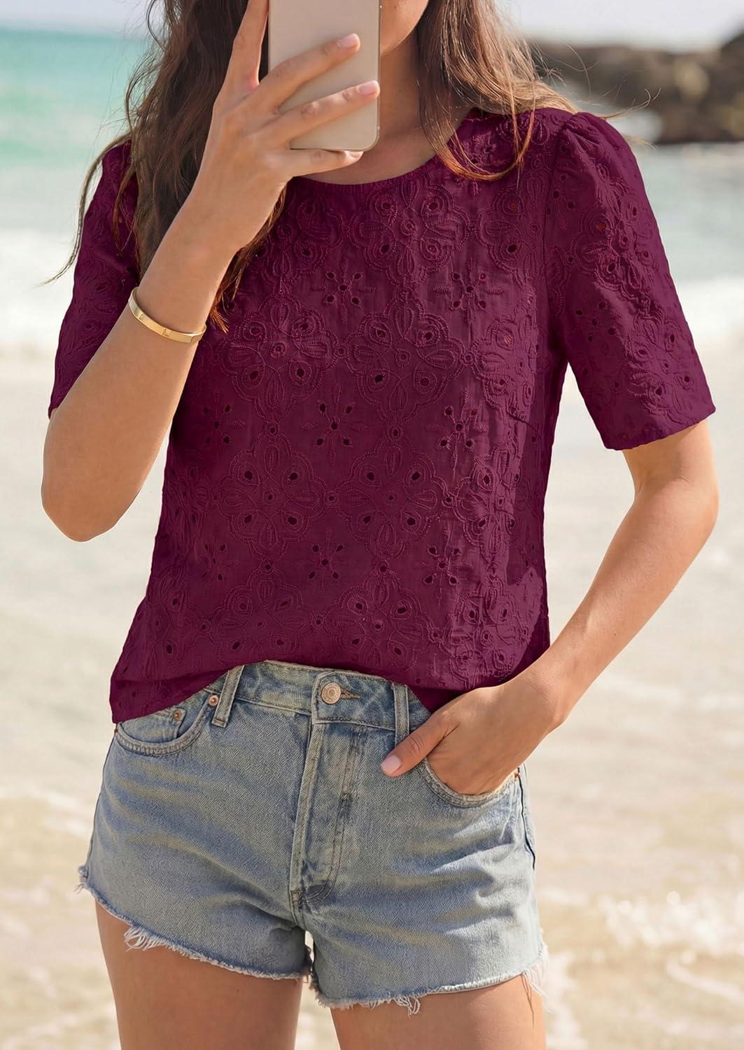 imagePRETTYGARDEN Embroidered Eyelet Tops for Women Summer Blouses Dressy Casual 2026 Spring Work Teacher Puff Short Sleeve ShirtsBurgundy