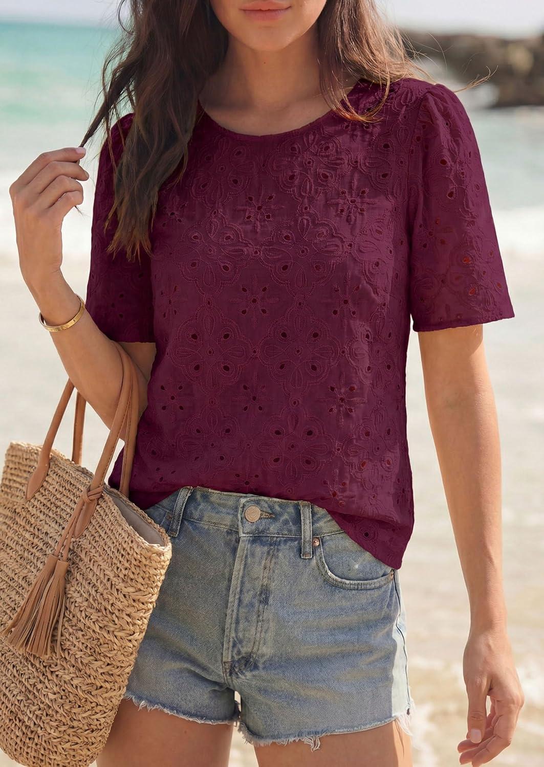 imagePRETTYGARDEN Embroidered Eyelet Tops for Women Summer Blouses Dressy Casual 2026 Spring Work Teacher Puff Short Sleeve ShirtsBurgundy