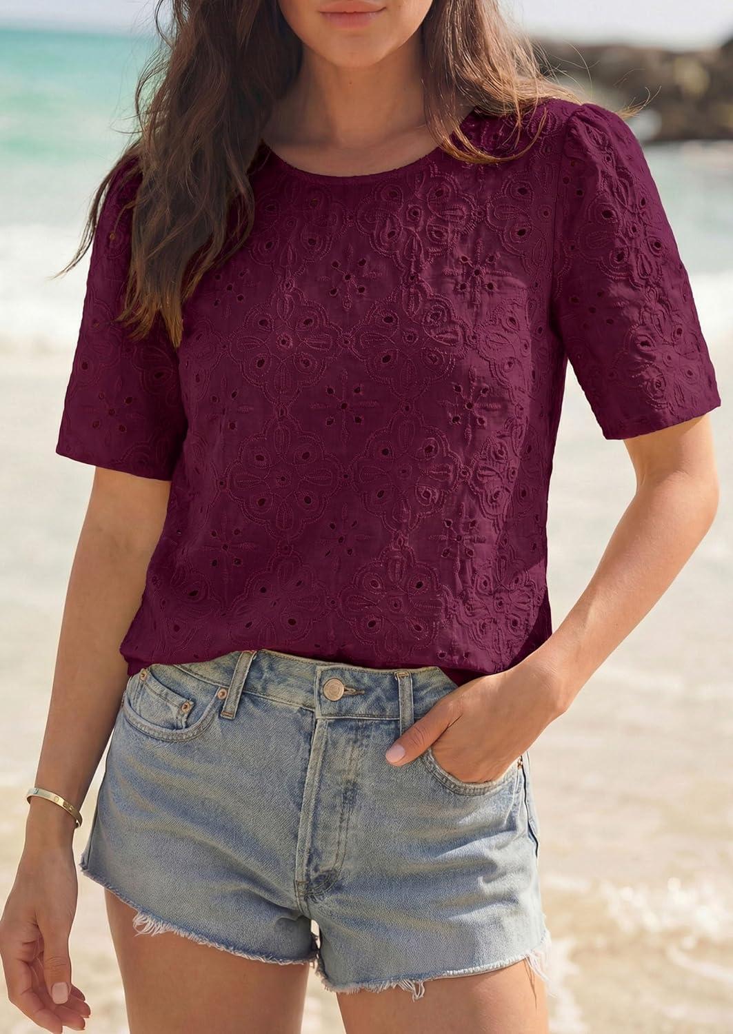 imagePRETTYGARDEN Embroidered Eyelet Tops for Women Summer Blouses Dressy Casual 2026 Spring Work Teacher Puff Short Sleeve ShirtsBurgundy