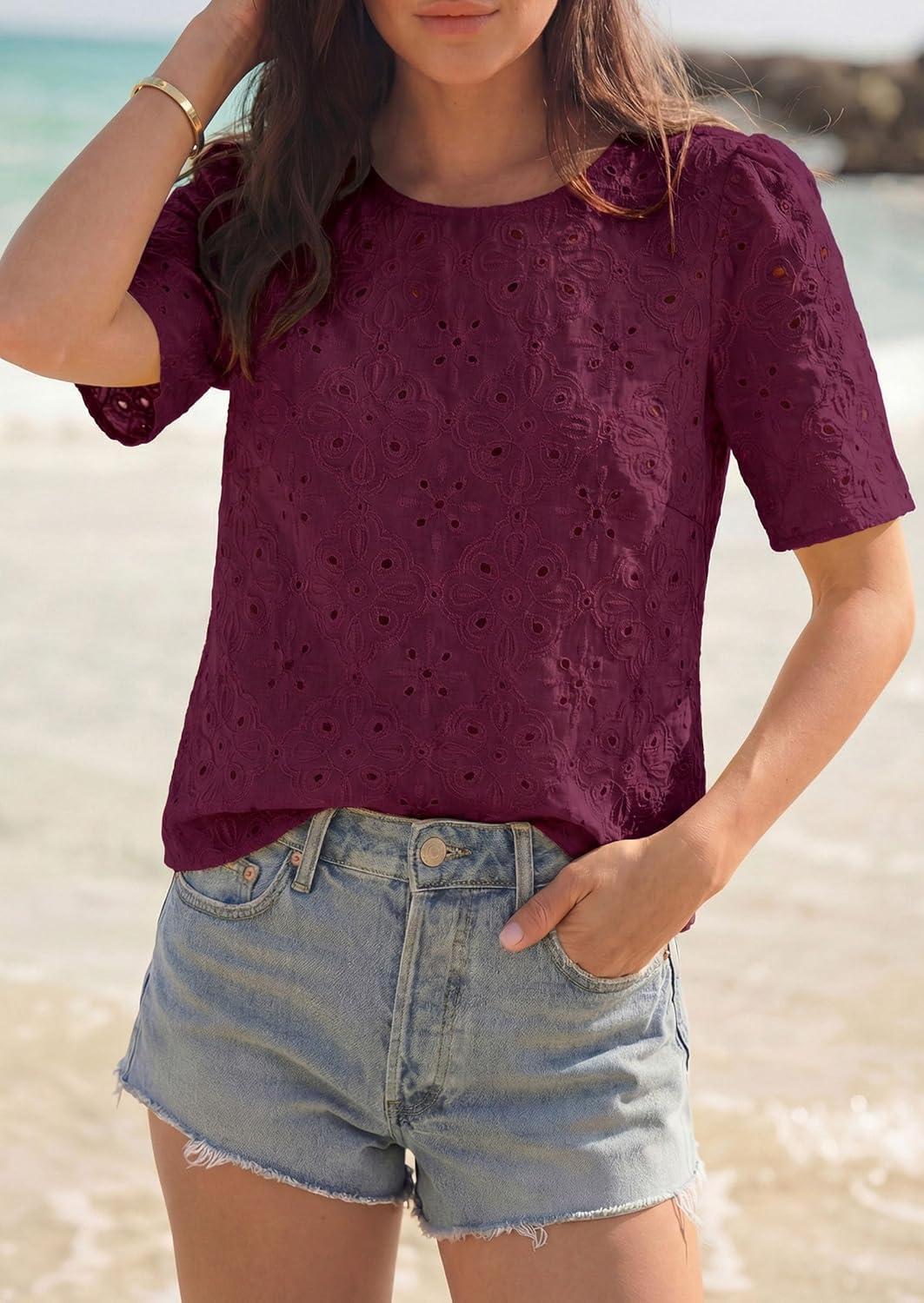 imagePRETTYGARDEN Embroidered Eyelet Tops for Women Summer Blouses Dressy Casual 2026 Spring Work Teacher Puff Short Sleeve ShirtsBurgundy