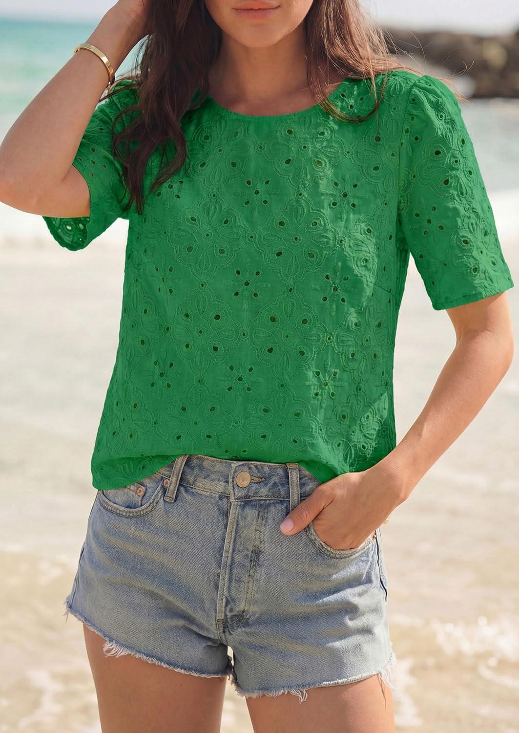imagePRETTYGARDEN Embroidered Eyelet Tops for Women Summer Blouses Dressy Casual 2026 Spring Work Teacher Puff Short Sleeve ShirtsGreen