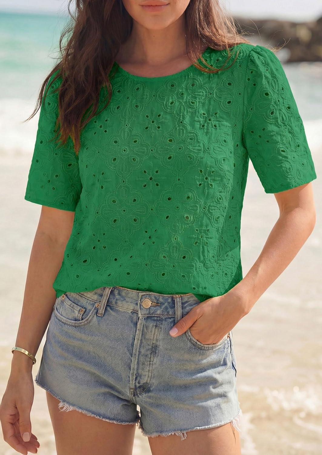 imagePRETTYGARDEN Embroidered Eyelet Tops for Women Summer Blouses Dressy Casual 2026 Spring Work Teacher Puff Short Sleeve ShirtsGreen