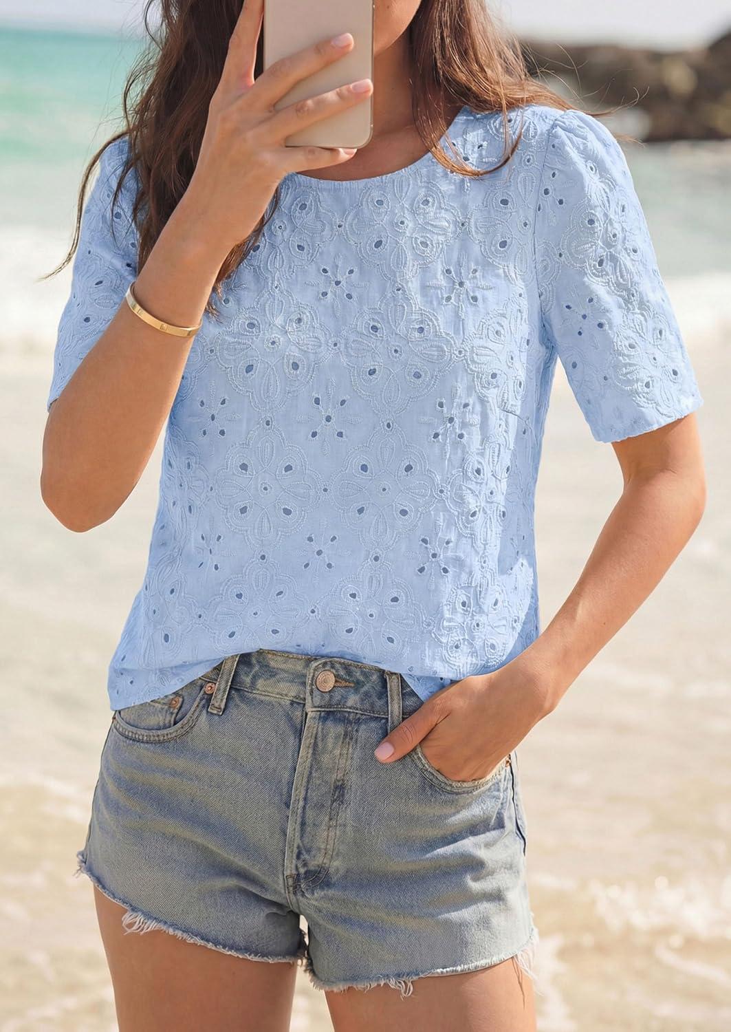 imagePRETTYGARDEN Embroidered Eyelet Tops for Women Summer Blouses Dressy Casual 2026 Spring Work Teacher Puff Short Sleeve ShirtsLight Blue