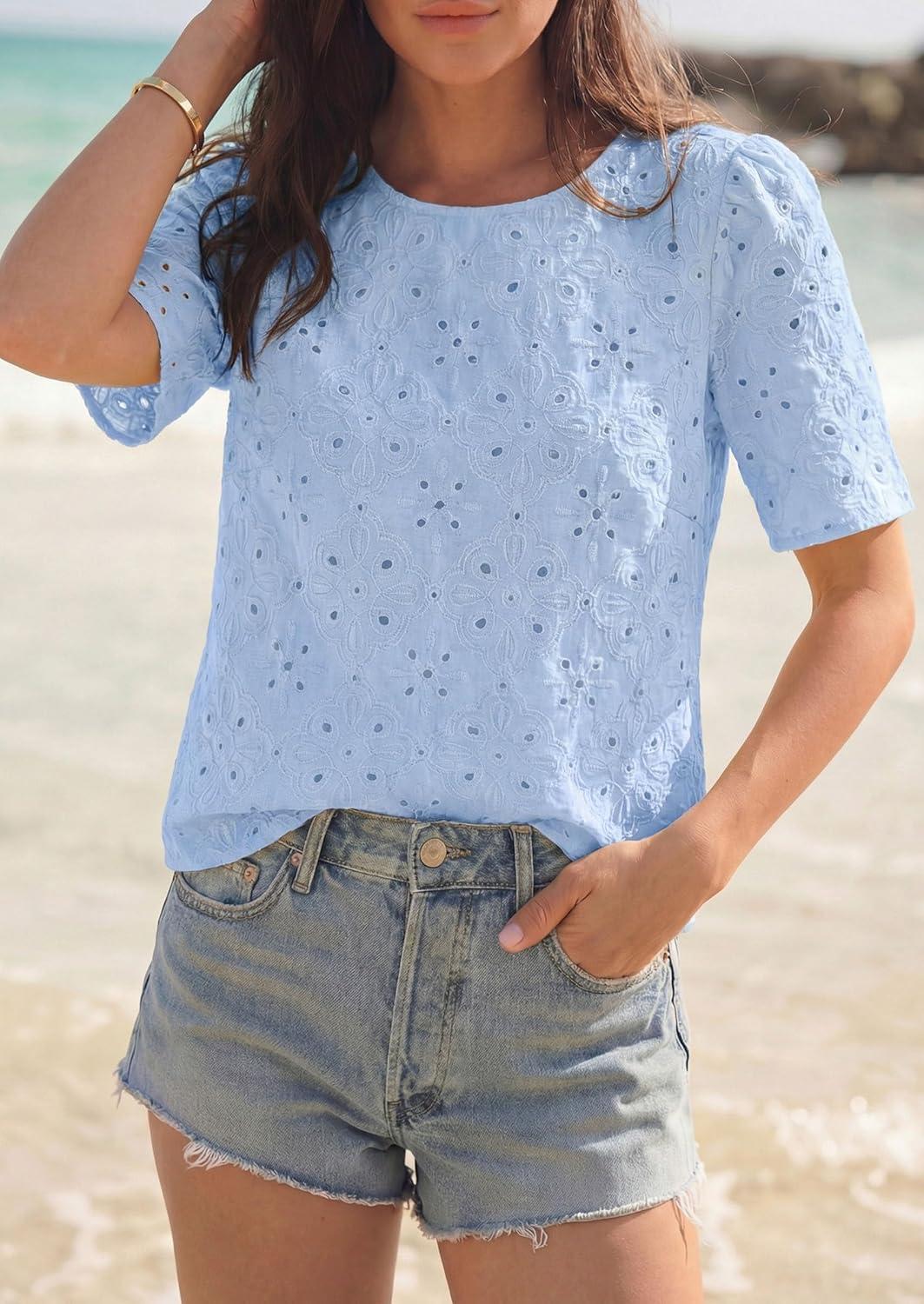 imagePRETTYGARDEN Embroidered Eyelet Tops for Women Summer Blouses Dressy Casual 2026 Spring Work Teacher Puff Short Sleeve ShirtsLight Blue