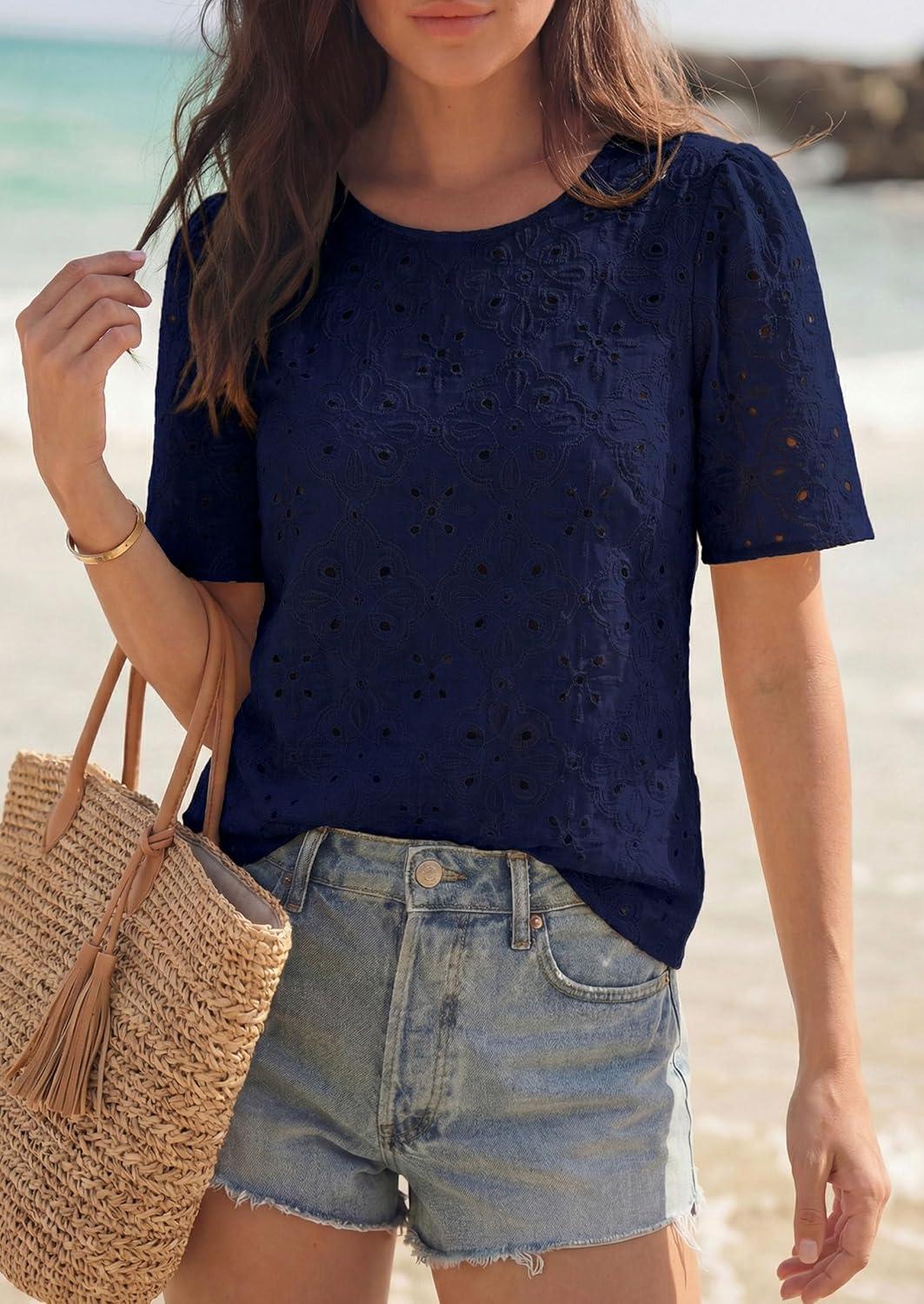 imagePRETTYGARDEN Embroidered Eyelet Tops for Women Summer Blouses Dressy Casual 2026 Spring Work Teacher Puff Short Sleeve ShirtsNavy Blue