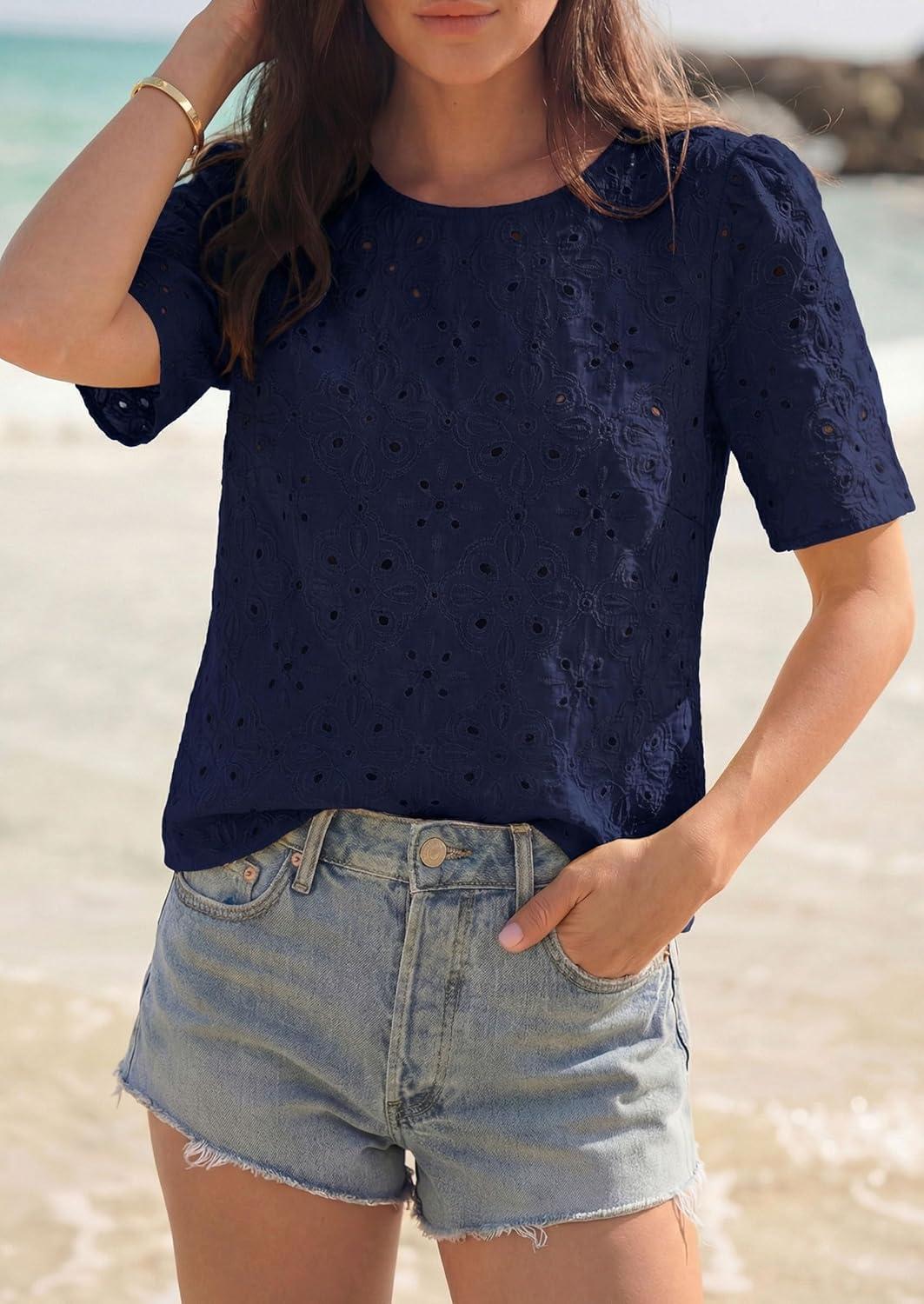 imagePRETTYGARDEN Embroidered Eyelet Tops for Women Summer Blouses Dressy Casual 2026 Spring Work Teacher Puff Short Sleeve ShirtsNavy Blue
