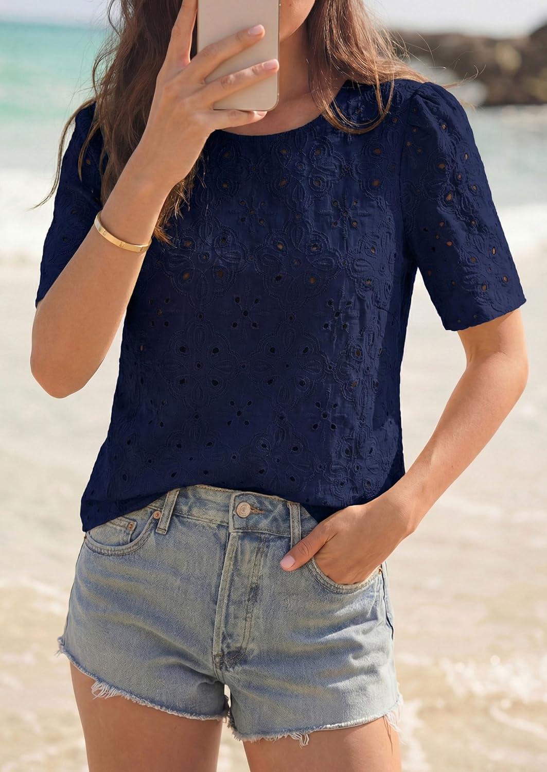 imagePRETTYGARDEN Embroidered Eyelet Tops for Women Summer Blouses Dressy Casual 2026 Spring Work Teacher Puff Short Sleeve ShirtsNavy Blue