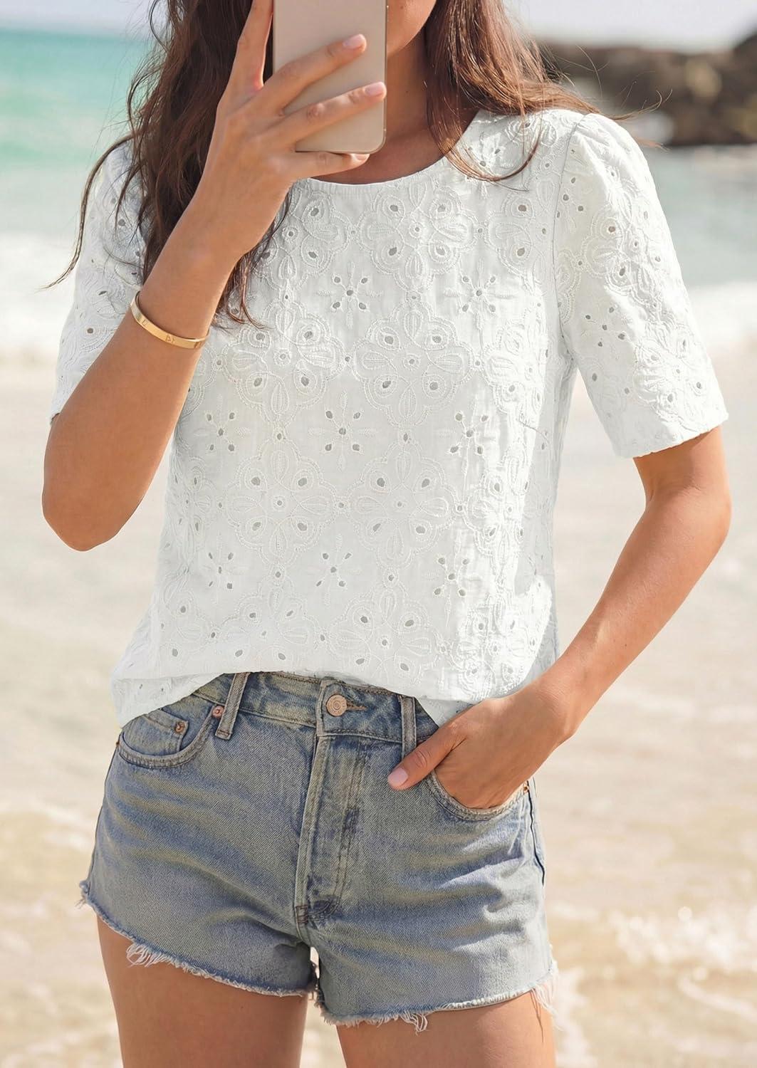 imagePRETTYGARDEN Embroidered Eyelet Tops for Women Summer Blouses Dressy Casual 2026 Spring Work Teacher Puff Short Sleeve ShirtsWhite