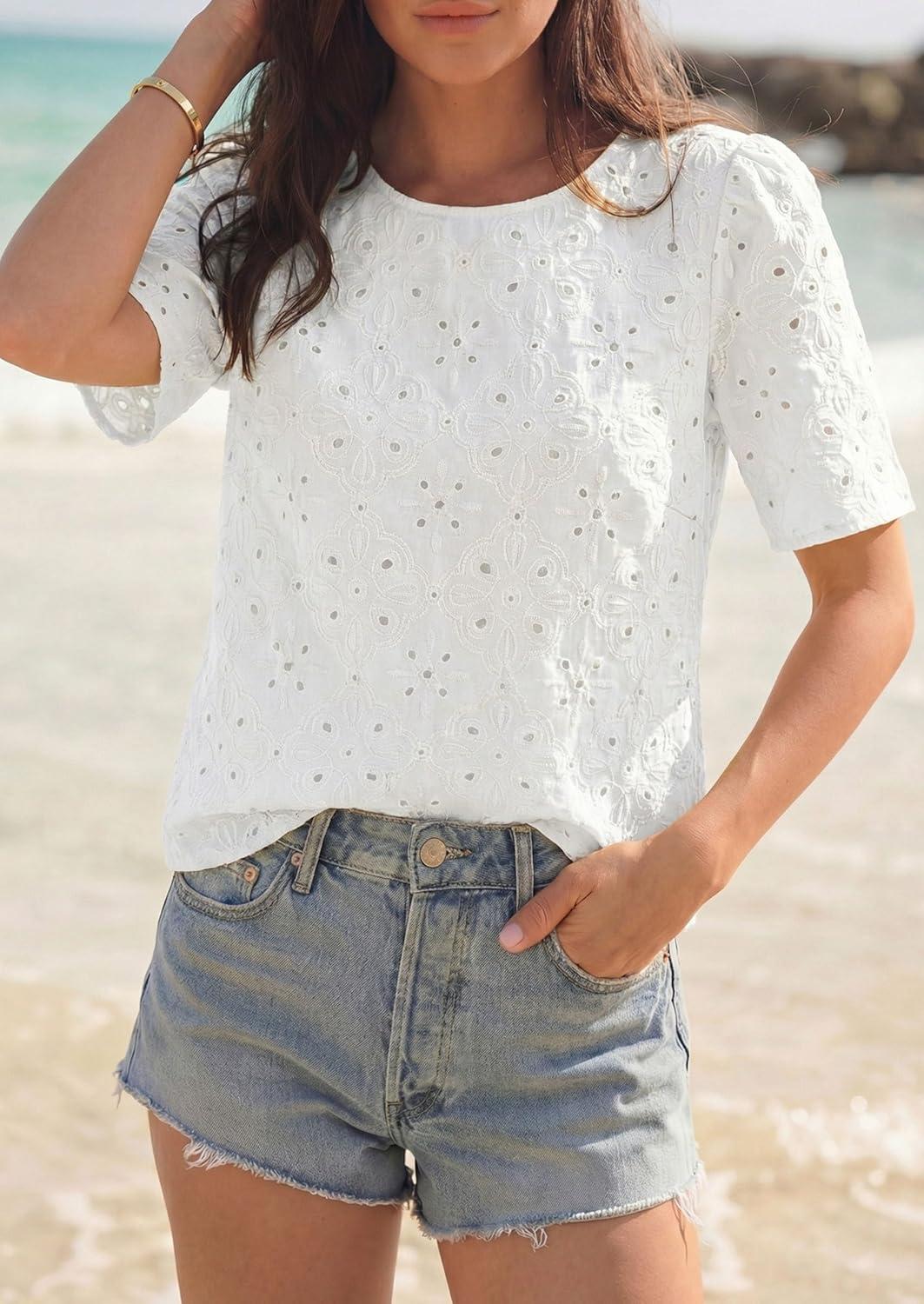 imagePRETTYGARDEN Embroidered Eyelet Tops for Women Summer Blouses Dressy Casual 2026 Spring Work Teacher Puff Short Sleeve ShirtsWhite