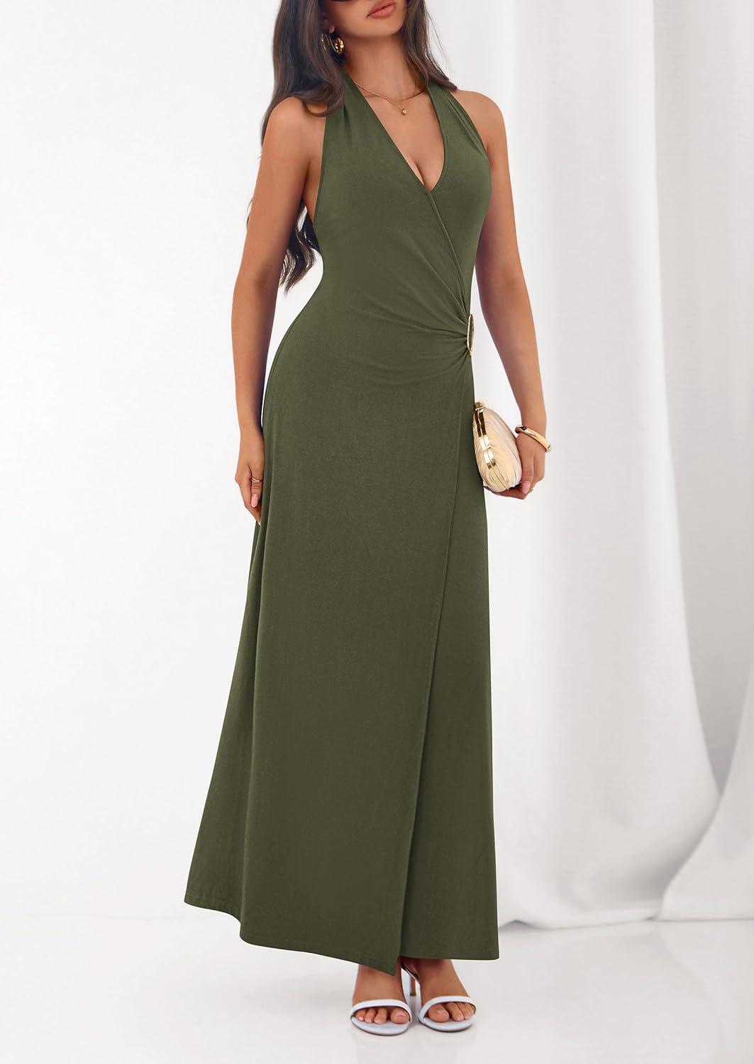 imagePRETTYGARDEN Halter Dresses for Women 2026 Elegant Classy Spring V Neck Tie Backless Summer Wedding Guest Cocktail Midi DressArmy Green
