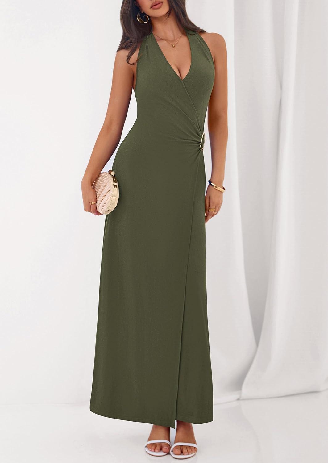 imagePRETTYGARDEN Halter Dresses for Women 2026 Elegant Classy Spring V Neck Tie Backless Summer Wedding Guest Cocktail Midi DressArmy Green