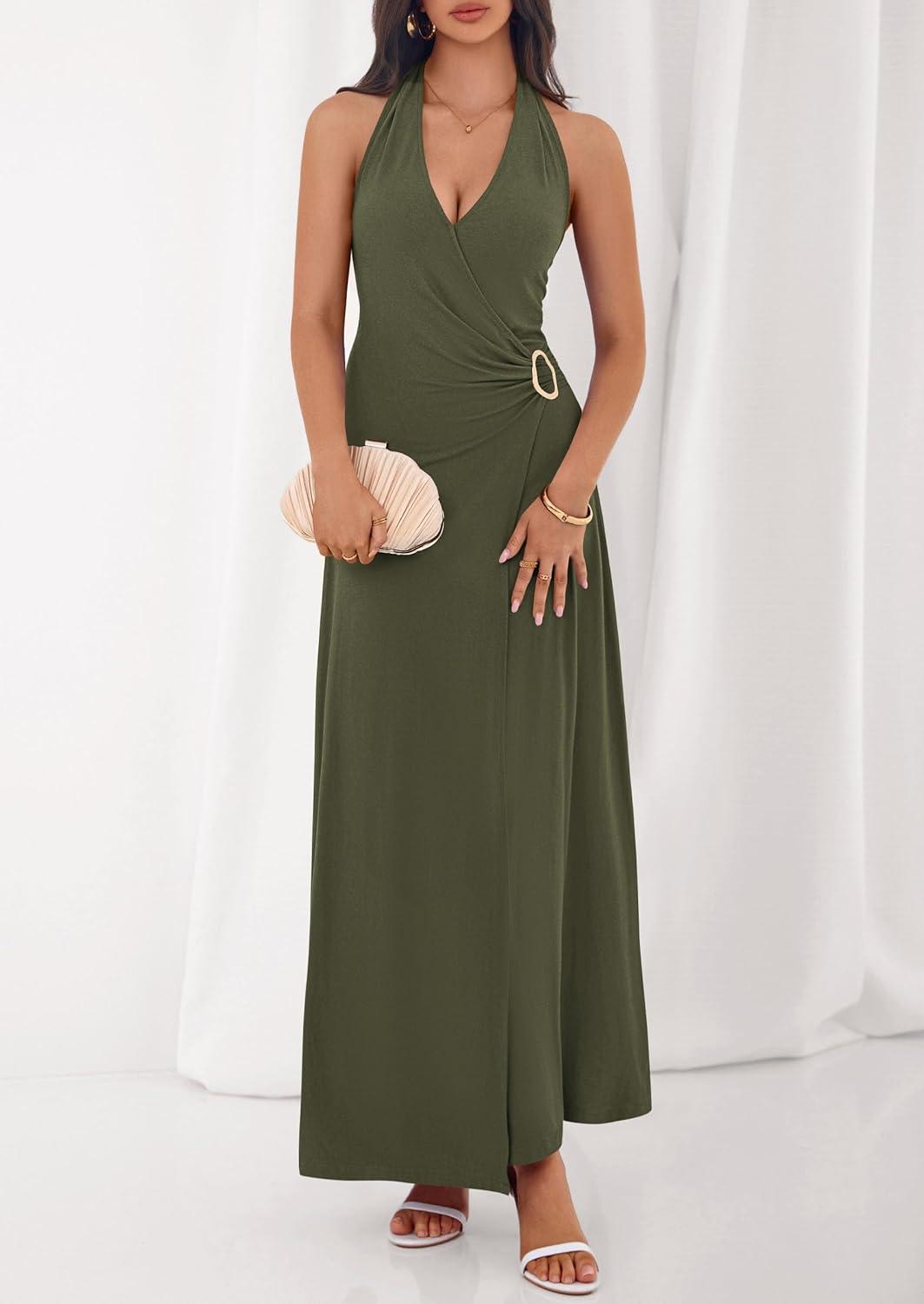 imagePRETTYGARDEN Halter Dresses for Women 2026 Elegant Classy Spring V Neck Tie Backless Summer Wedding Guest Cocktail Midi DressArmy Green