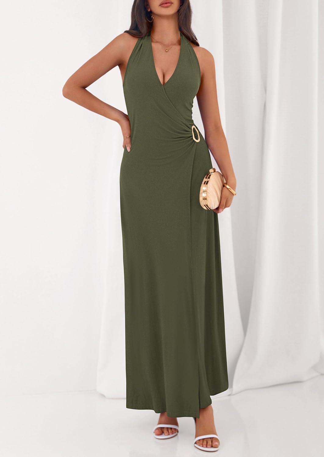 imagePRETTYGARDEN Halter Dresses for Women 2026 Elegant Classy Spring V Neck Tie Backless Summer Wedding Guest Cocktail Midi DressArmy Green