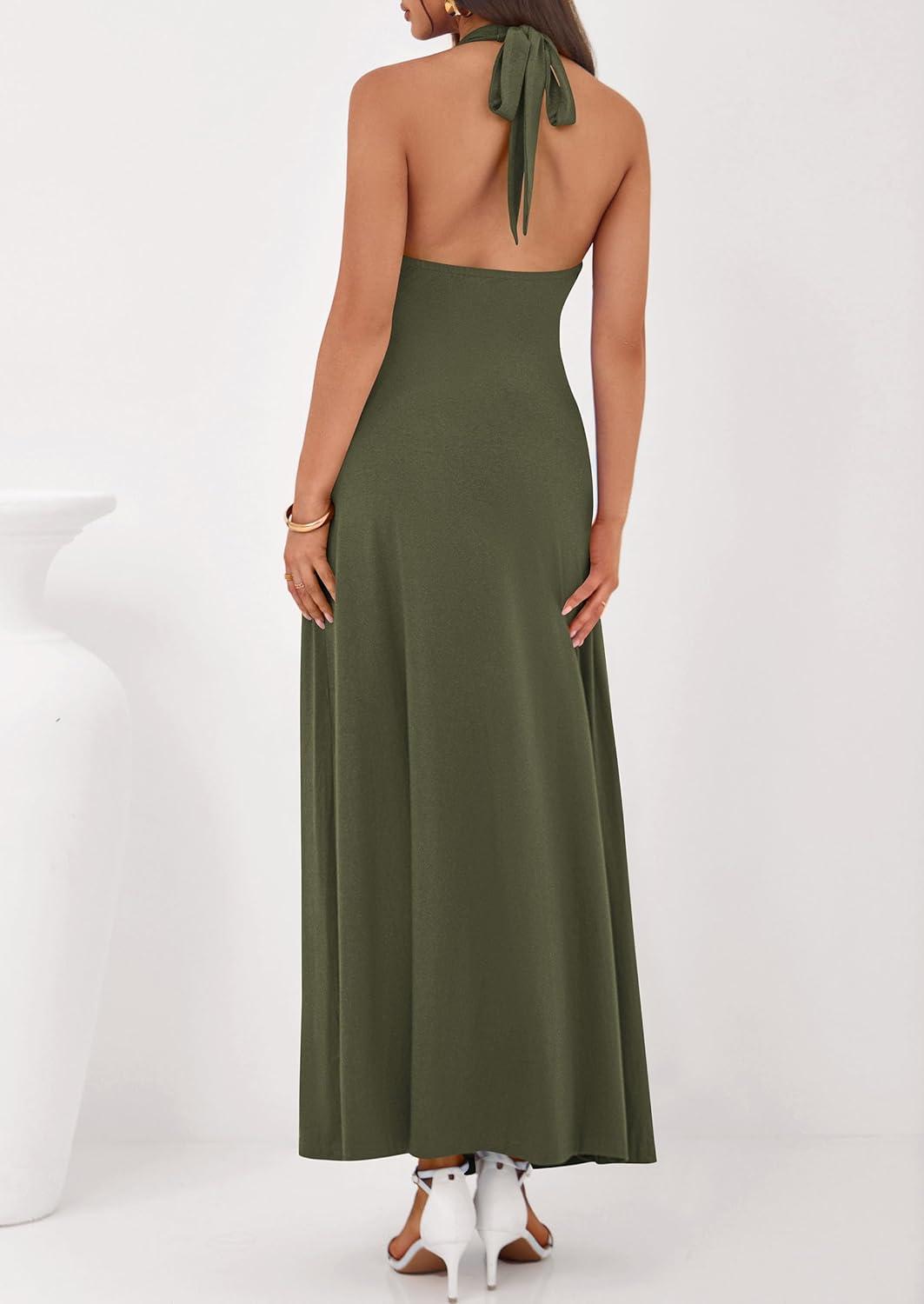 imagePRETTYGARDEN Halter Dresses for Women 2026 Elegant Classy Spring V Neck Tie Backless Summer Wedding Guest Cocktail Midi DressArmy Green