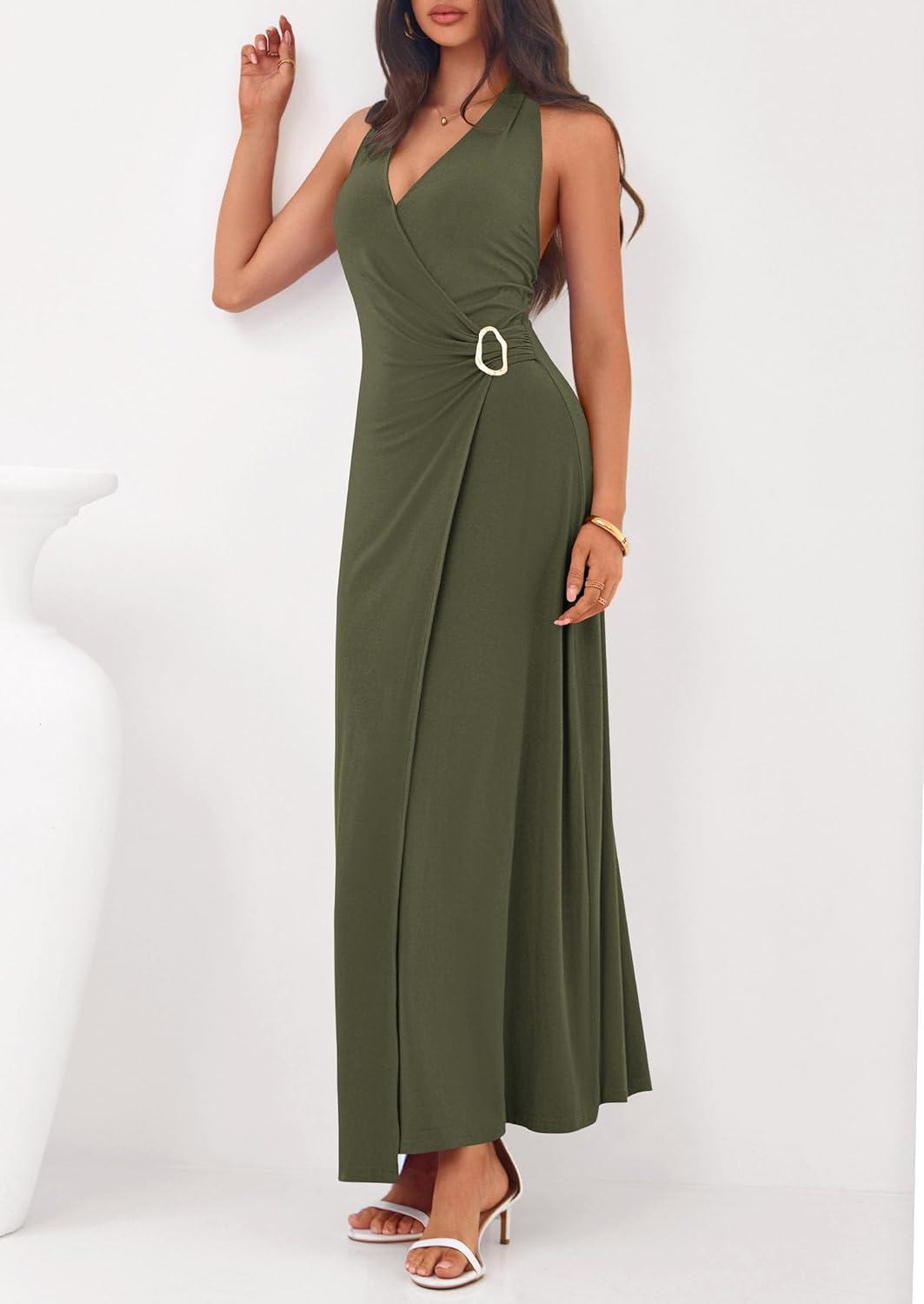 imagePRETTYGARDEN Halter Dresses for Women 2026 Elegant Classy Spring V Neck Tie Backless Summer Wedding Guest Cocktail Midi DressArmy Green