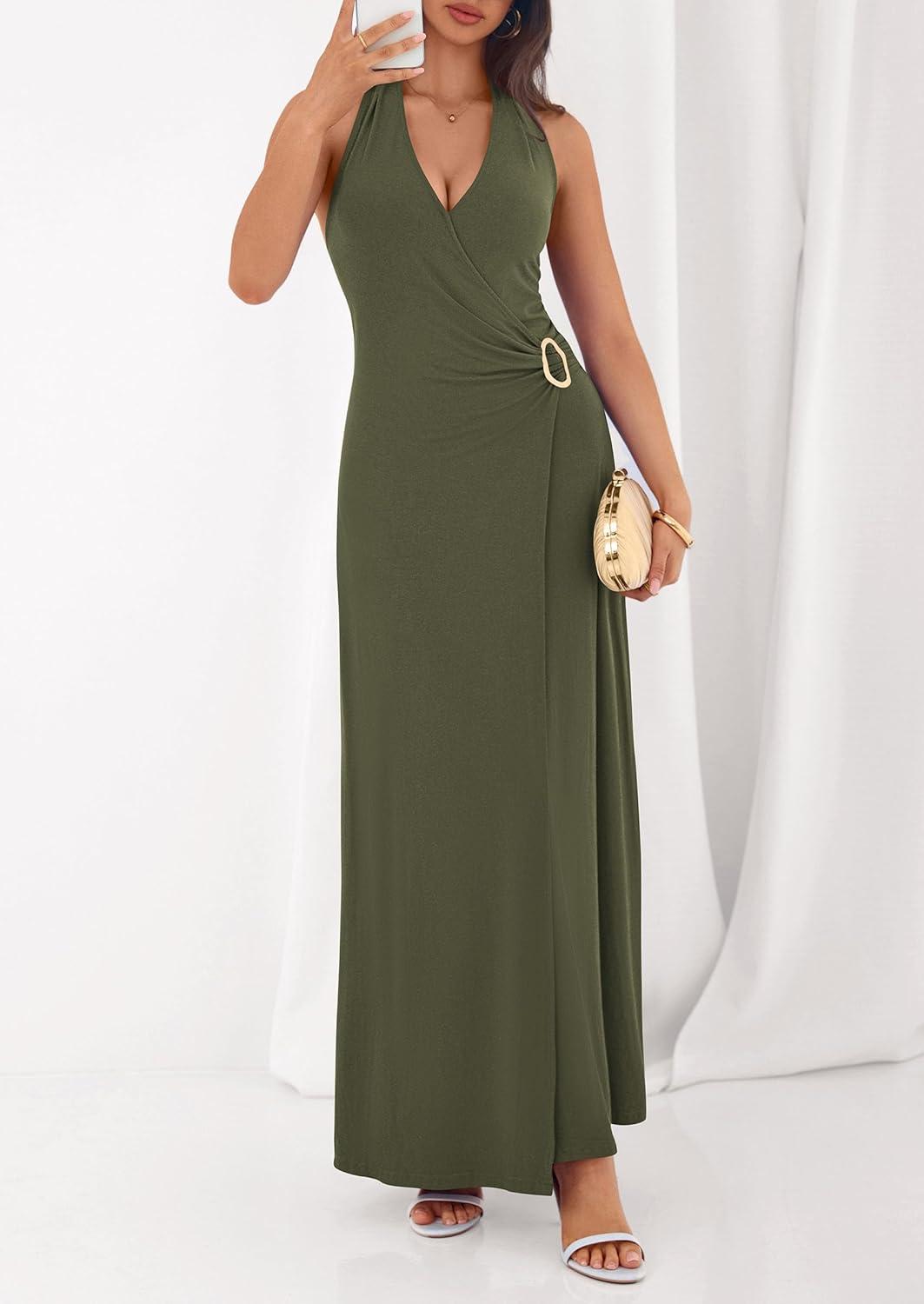imagePRETTYGARDEN Halter Dresses for Women 2026 Elegant Classy Spring V Neck Tie Backless Summer Wedding Guest Cocktail Midi DressArmy Green
