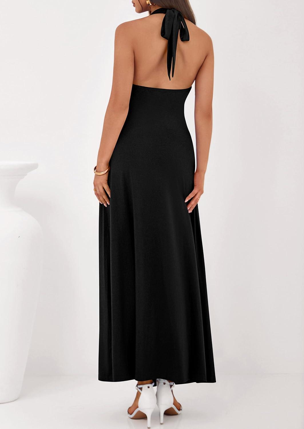 imagePRETTYGARDEN Halter Dresses for Women 2026 Elegant Classy Spring V Neck Tie Backless Summer Wedding Guest Cocktail Midi DressBlack