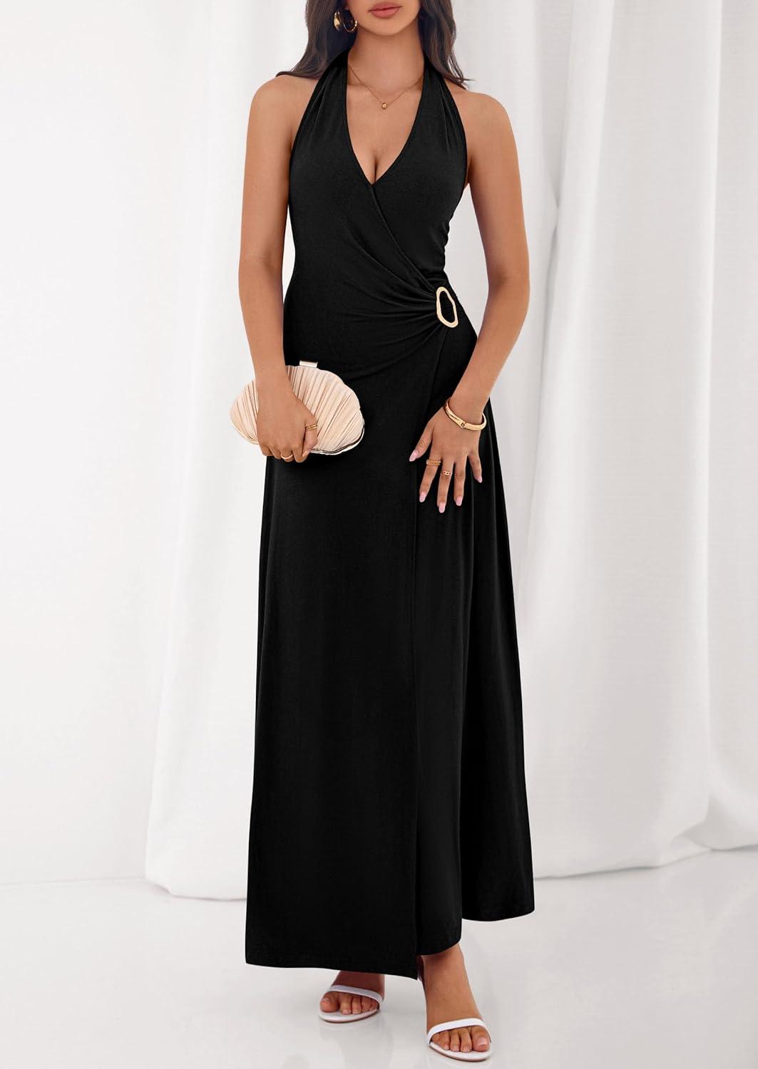 imagePRETTYGARDEN Halter Dresses for Women 2026 Elegant Classy Spring V Neck Tie Backless Summer Wedding Guest Cocktail Midi DressBlack