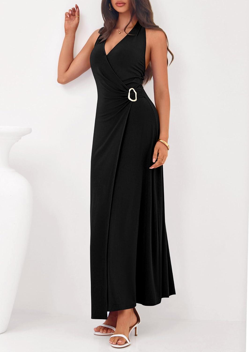 imagePRETTYGARDEN Halter Dresses for Women 2026 Elegant Classy Spring V Neck Tie Backless Summer Wedding Guest Cocktail Midi DressBlack