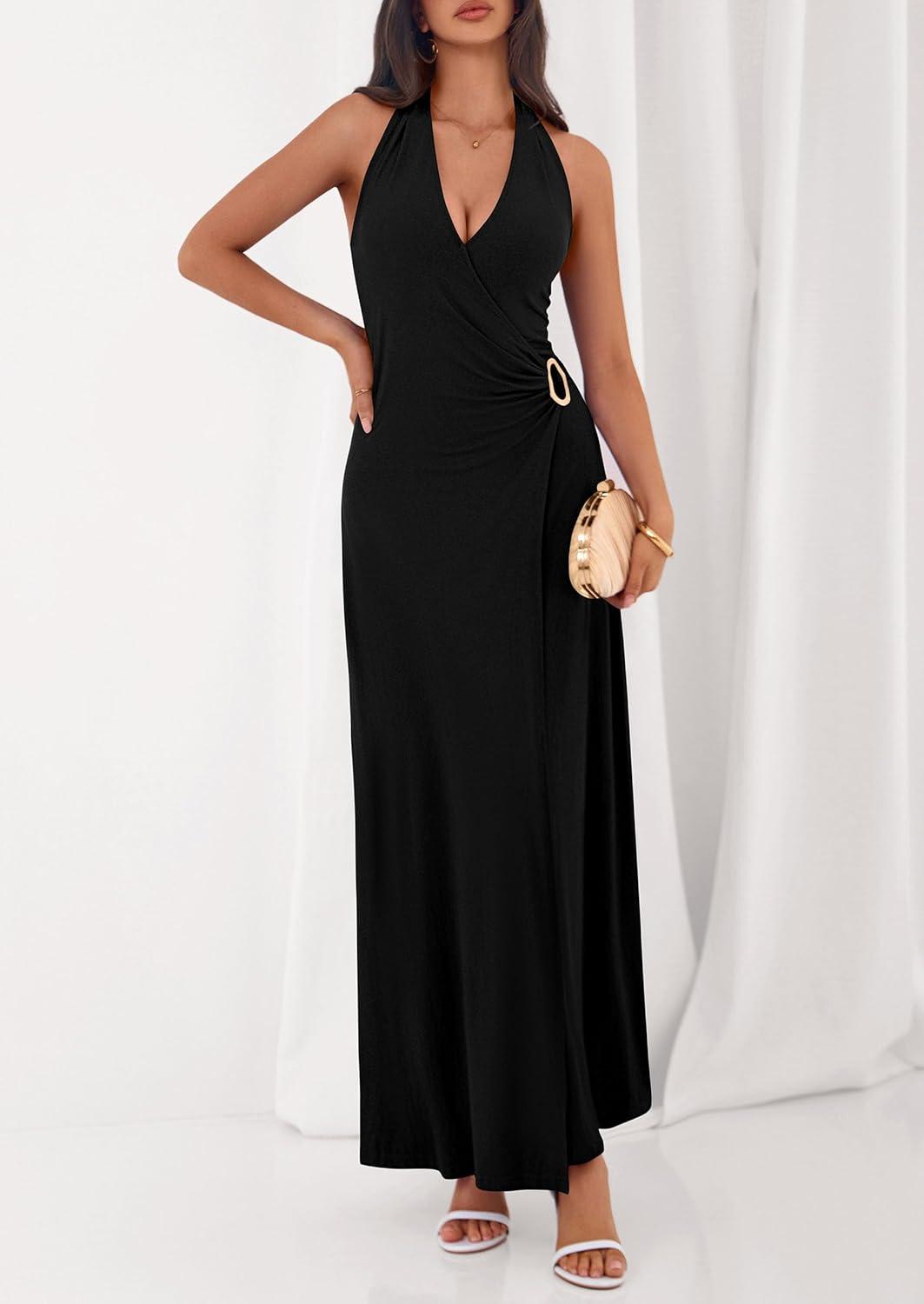 imagePRETTYGARDEN Halter Dresses for Women 2026 Elegant Classy Spring V Neck Tie Backless Summer Wedding Guest Cocktail Midi DressBlack
