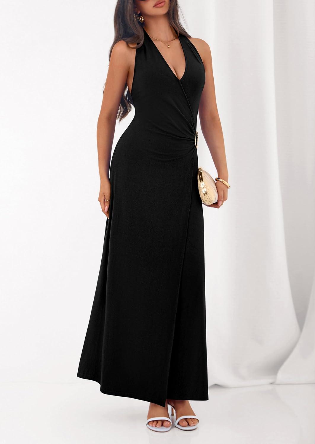 imagePRETTYGARDEN Halter Dresses for Women 2026 Elegant Classy Spring V Neck Tie Backless Summer Wedding Guest Cocktail Midi DressBlack