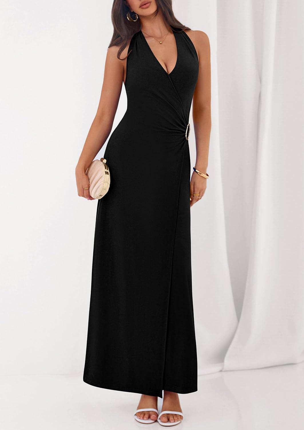 imagePRETTYGARDEN Halter Dresses for Women 2026 Elegant Classy Spring V Neck Tie Backless Summer Wedding Guest Cocktail Midi DressBlack