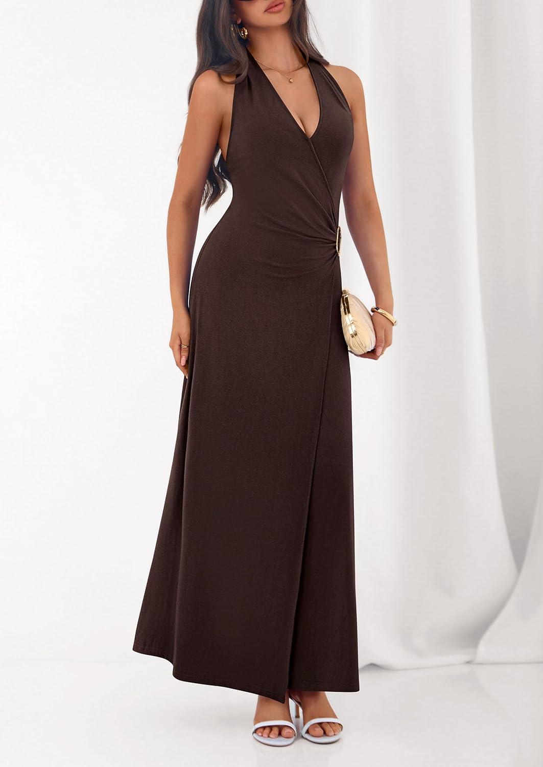 imagePRETTYGARDEN Halter Dresses for Women 2026 Elegant Classy Spring V Neck Tie Backless Summer Wedding Guest Cocktail Midi DressBrown